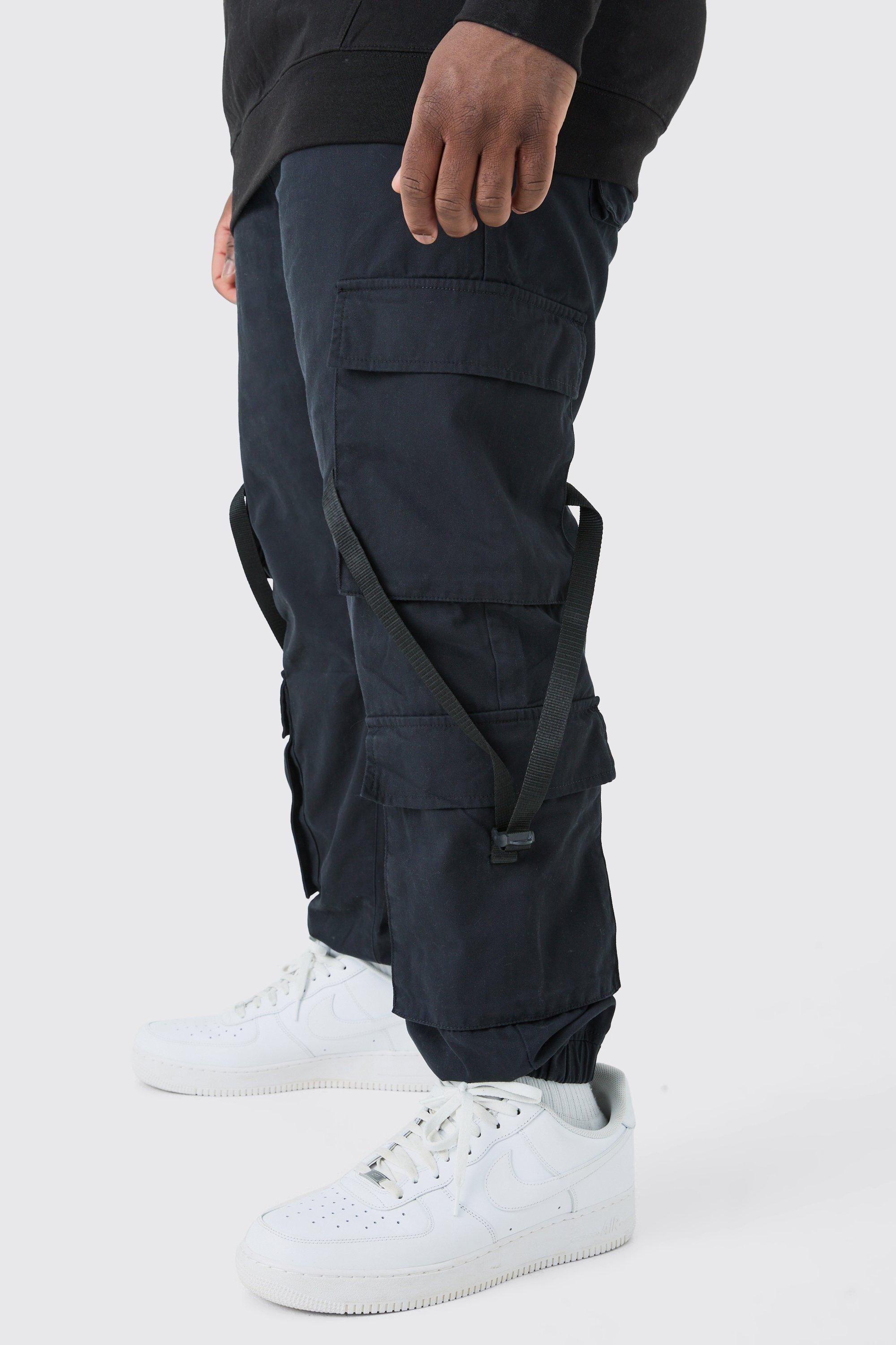 Mens Black Plus Strap Detail Cuffed Cargo Trousers, Black