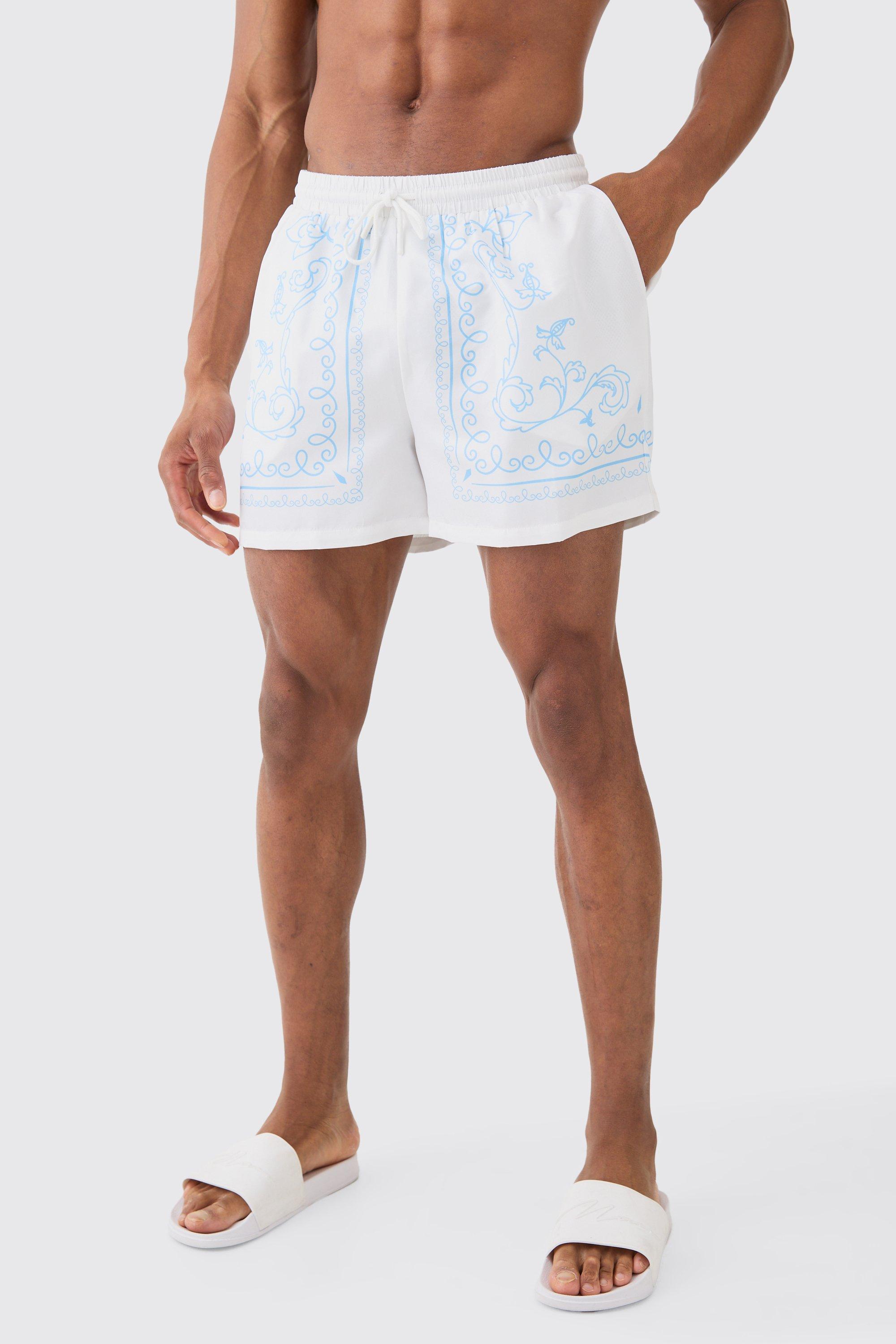 Mens White Short Length Baroque Border Swim Shorts, White