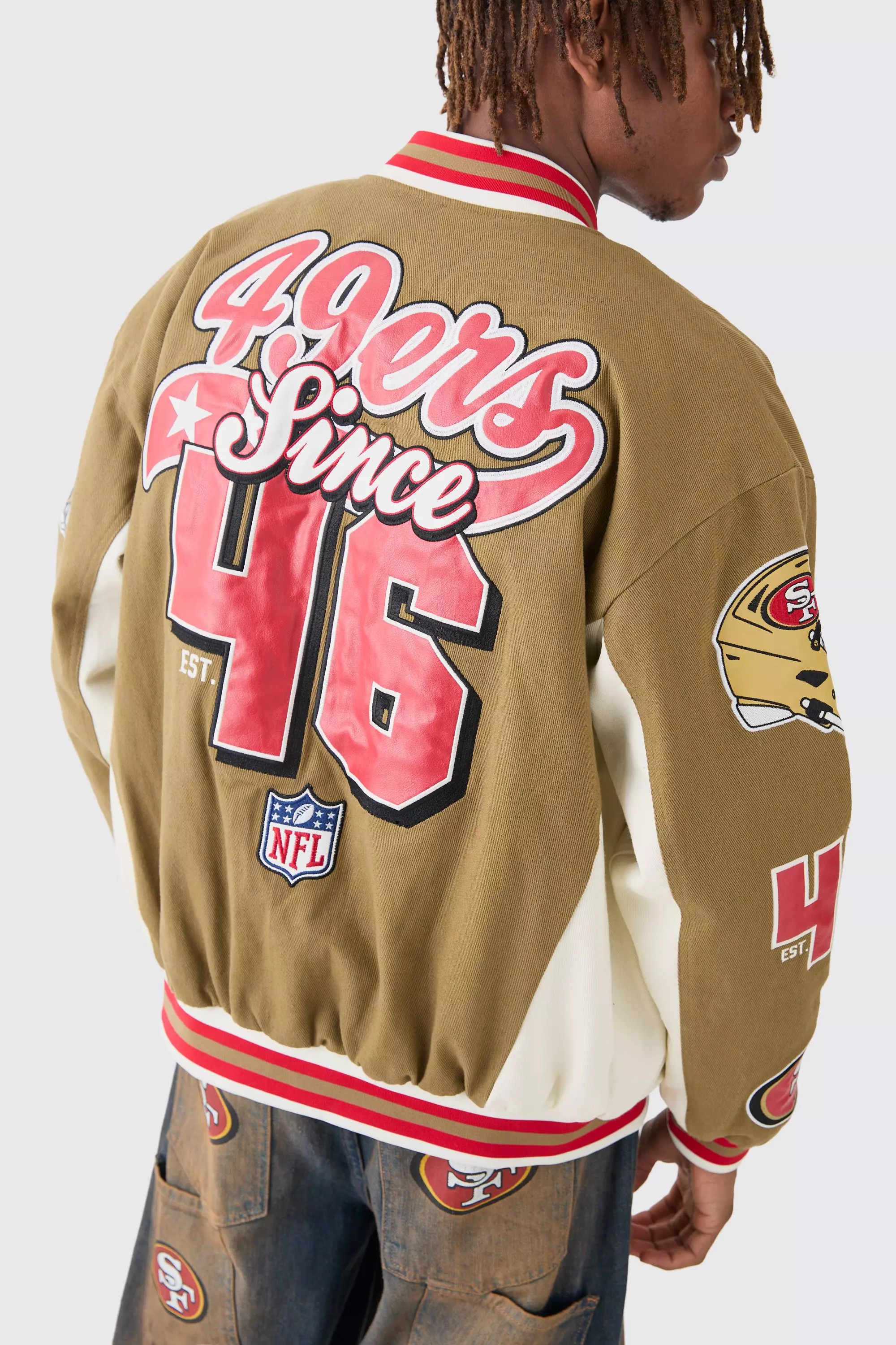 Nfl 49ers Varsity Pu Applique Jacket boohooMAN UK