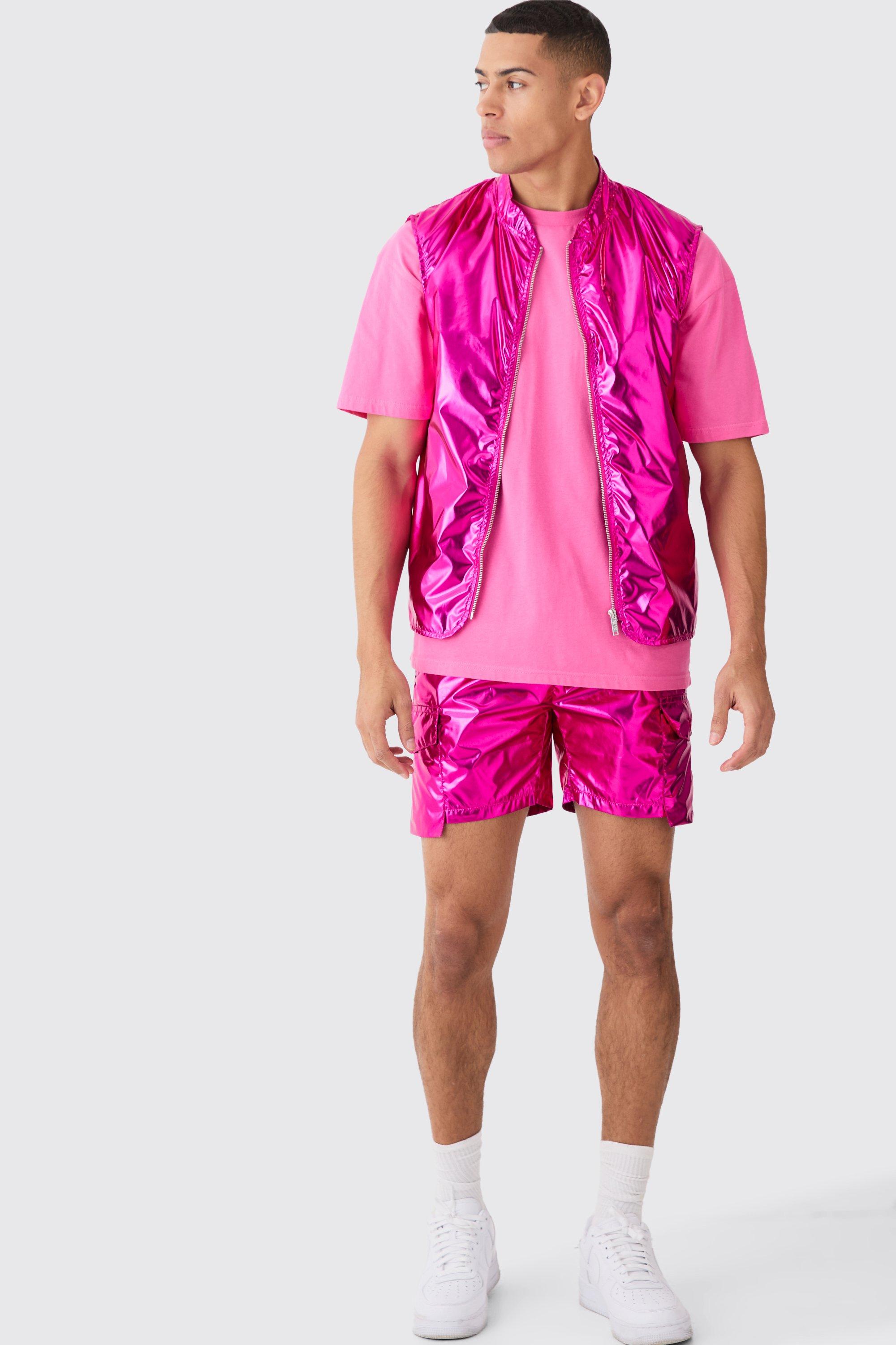 Image of Metallic Vest And Parachute Short Set, Pink