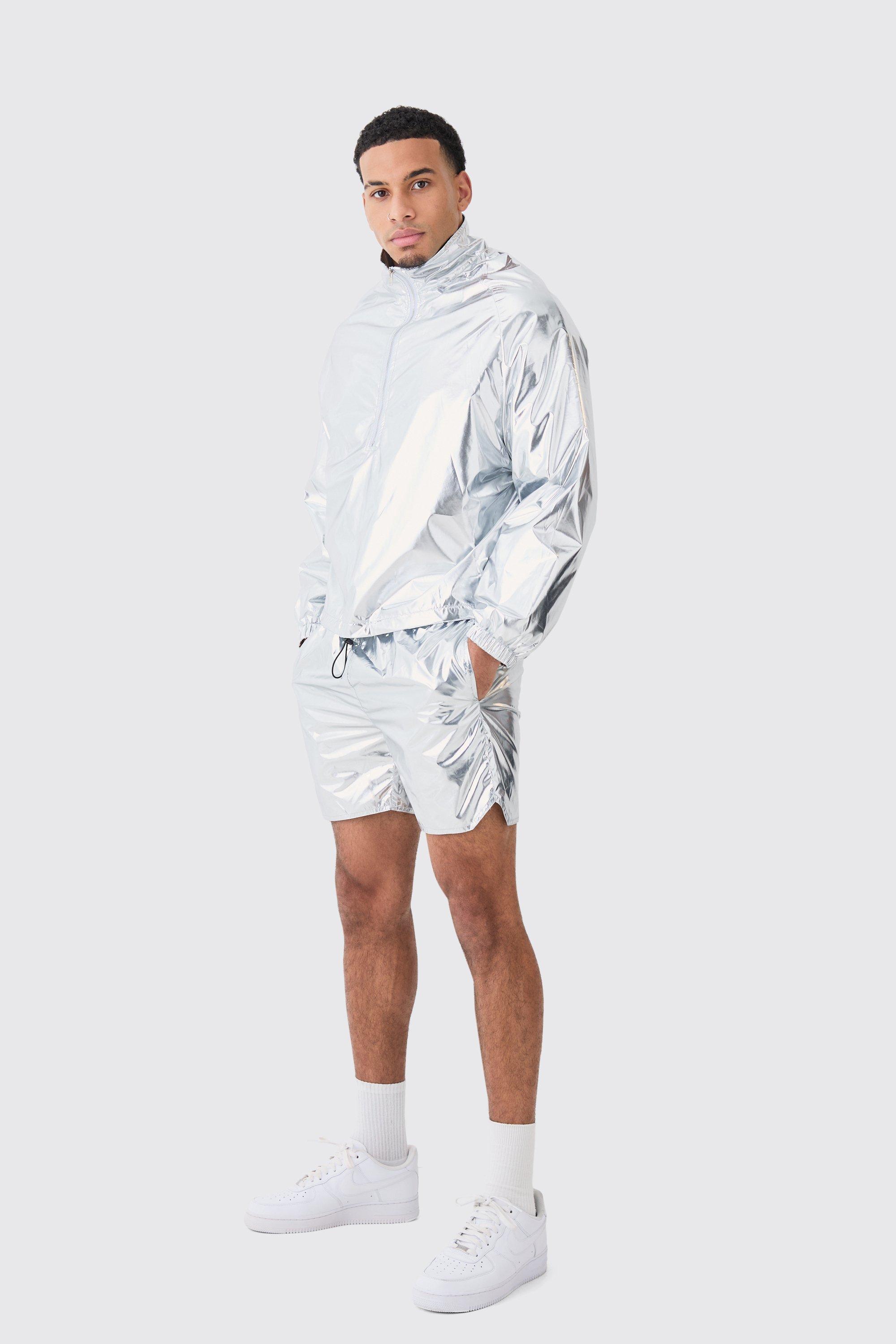 Image of Boxy Funnel Neck Cagoule And Short Metallic Set, Grigio