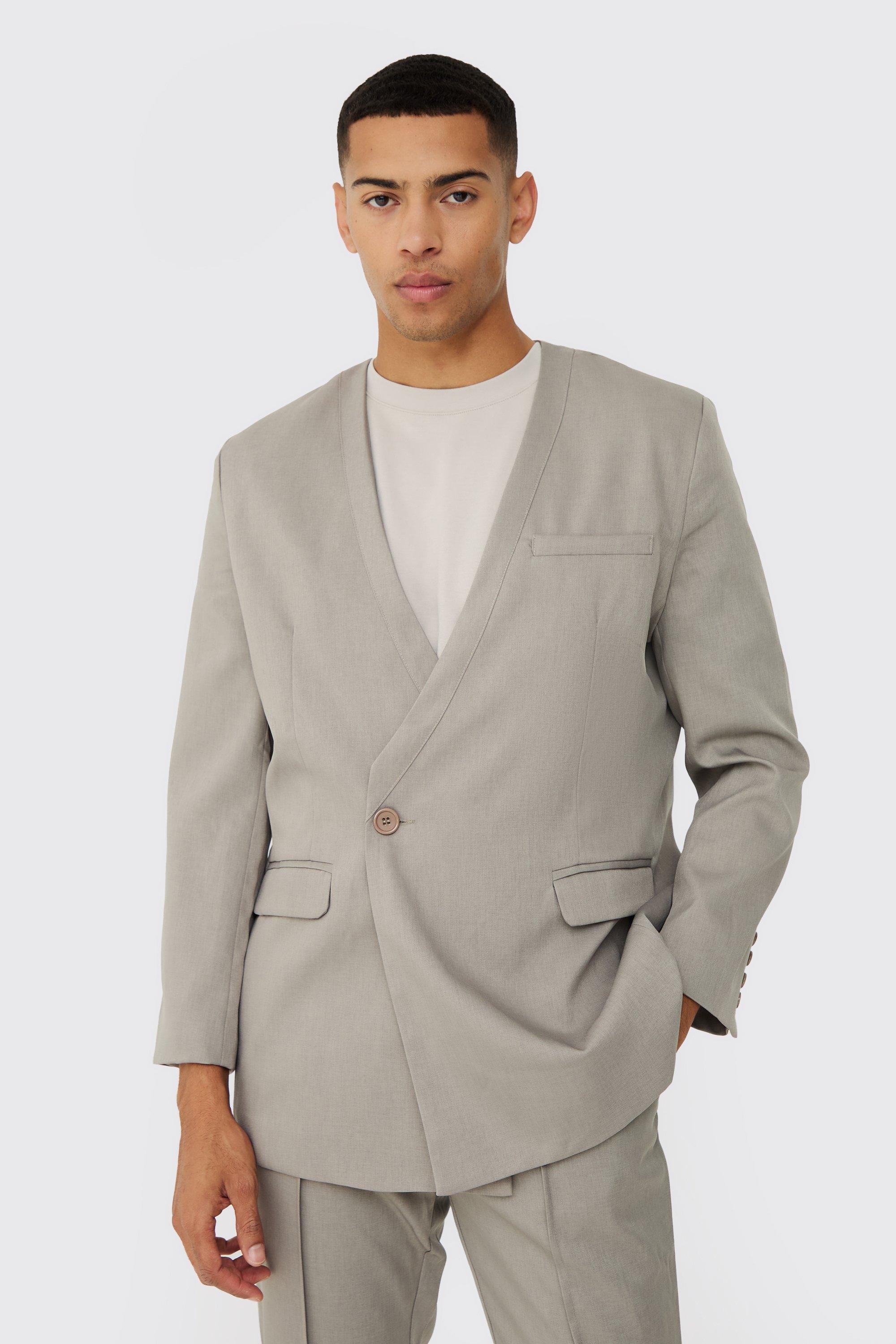 Mens Grey Collarless Straight Blazer, Grey