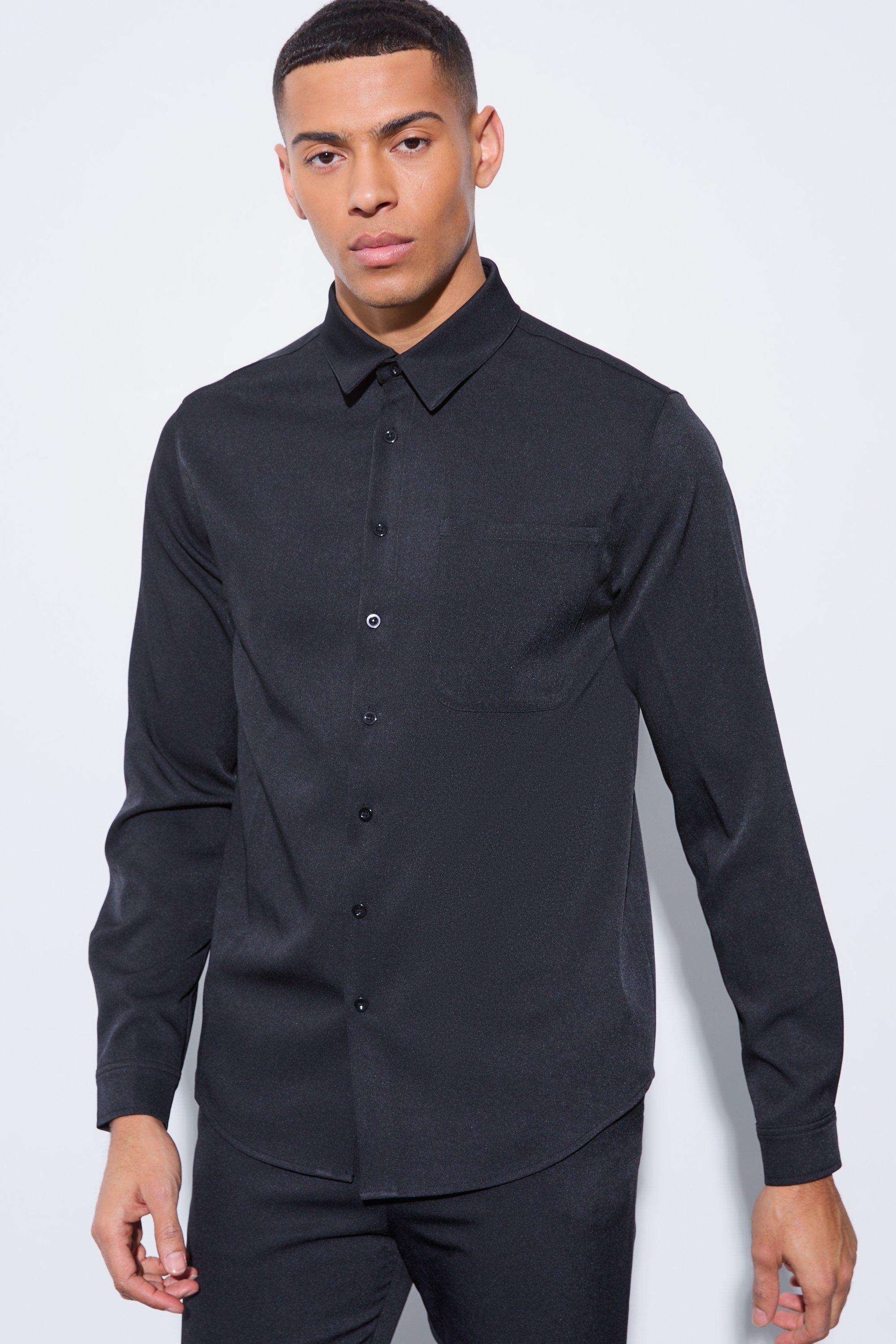 Mens Black Long Sleeve Slim Fit Shirt, Black