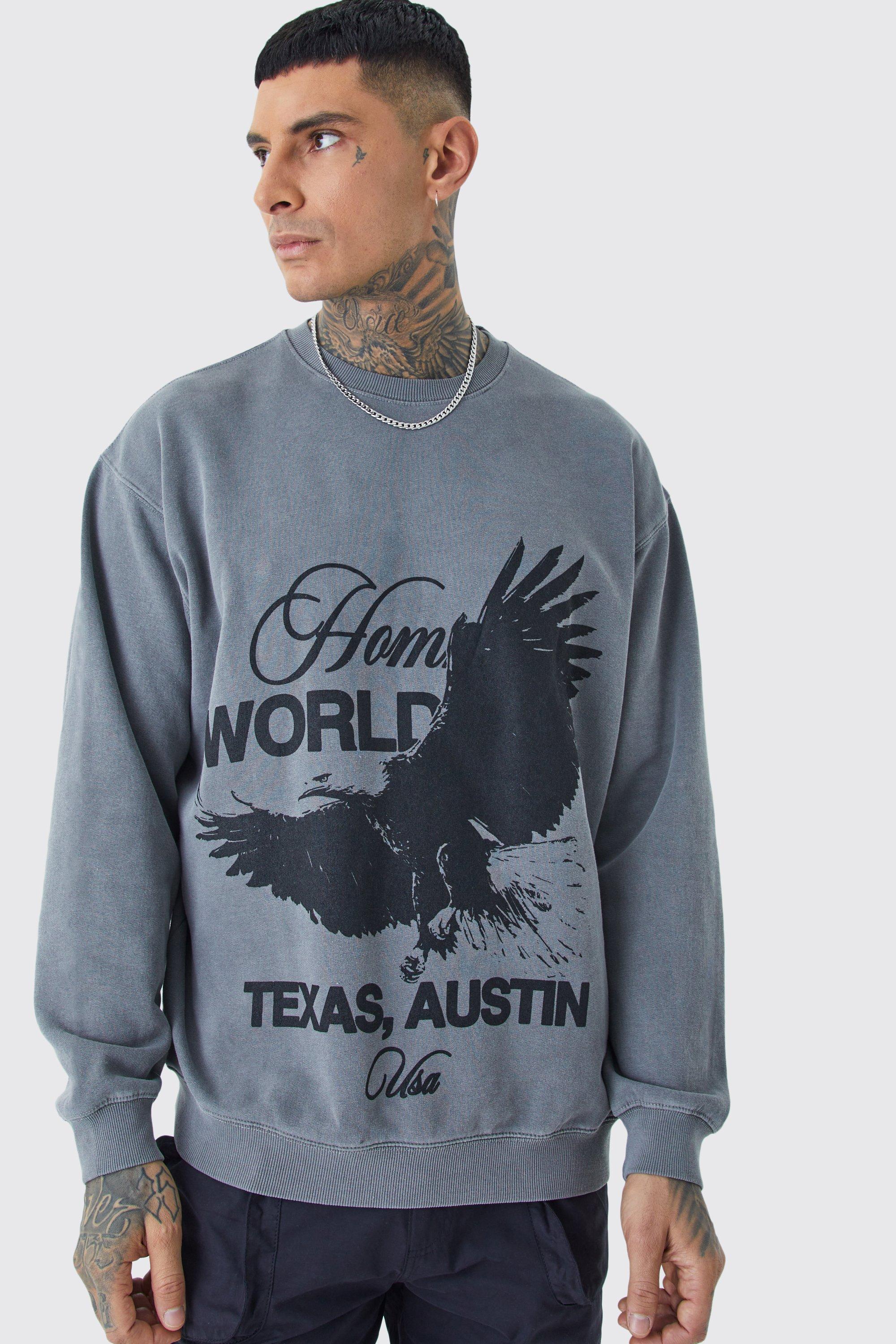 Mens Grey Tall Oversized Overdyed Homme Bird Print Graphic Sweatshirt, Grey