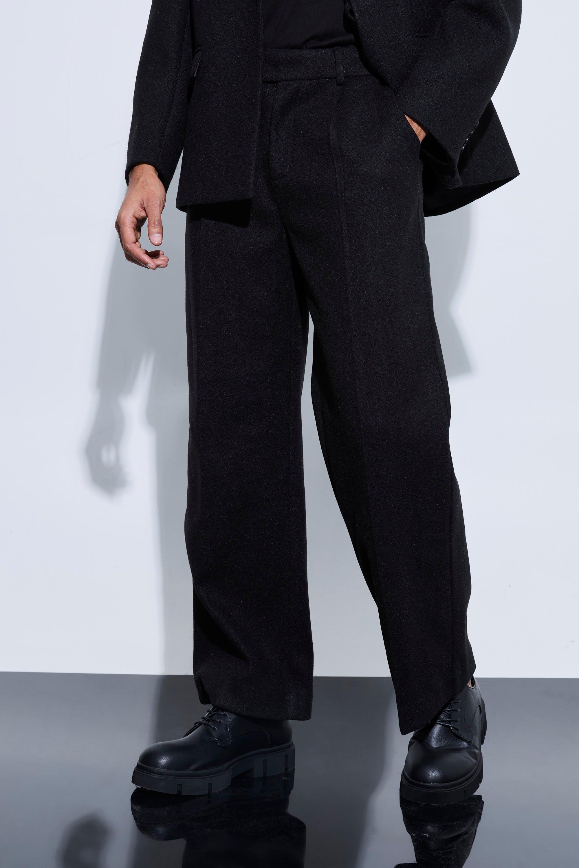 mens black wool look wide fit tailored trousers, black