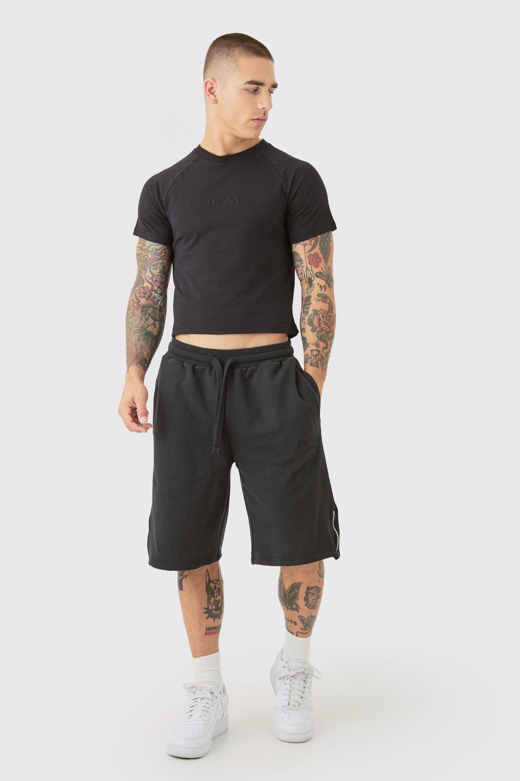 Image of Set pantaloncini oversize pesanti con zip sul fondo &amp; T-shirt, Nero