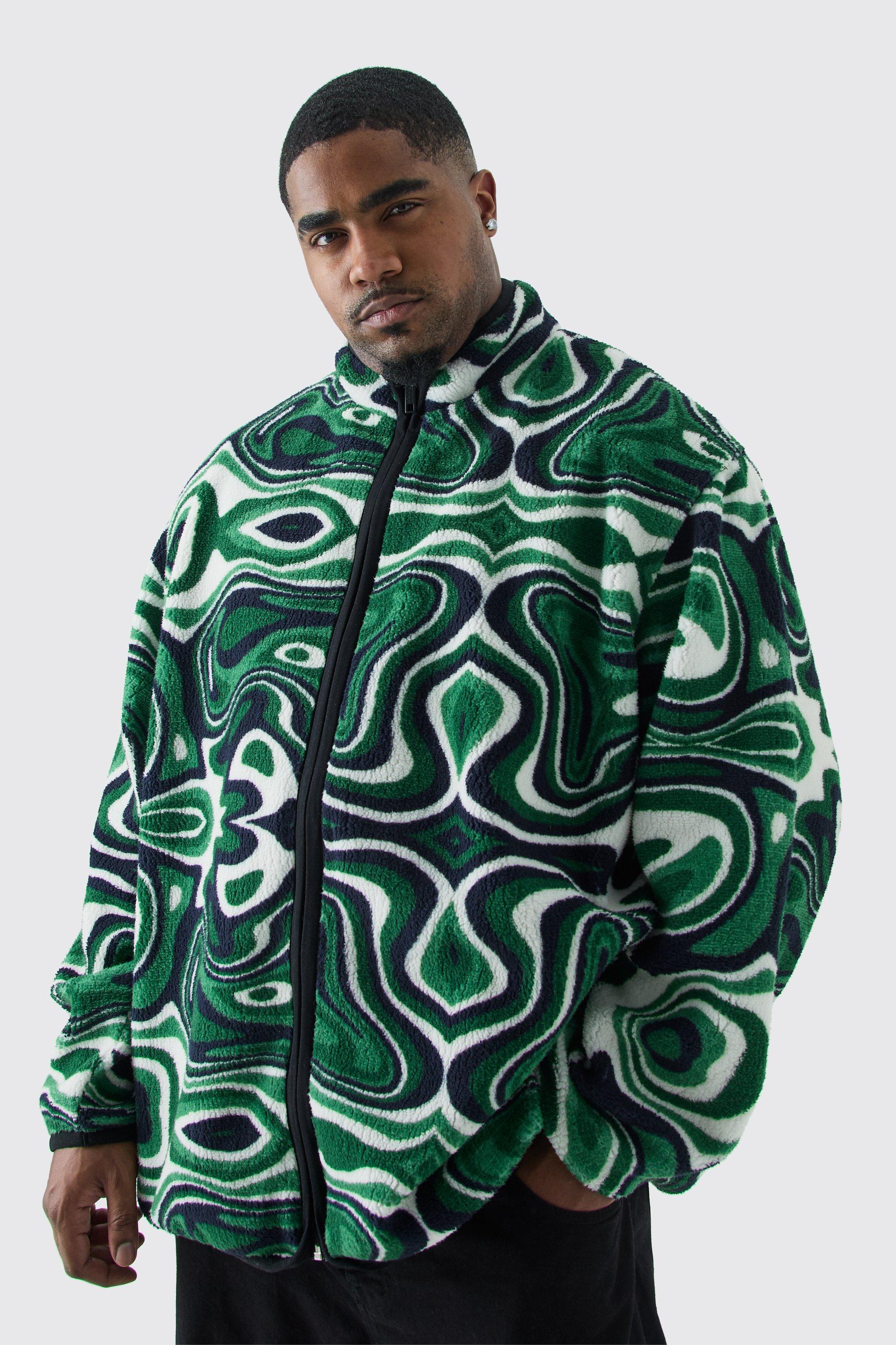 Mens Green Plus Oversized Abstract Print Borg Funnel Neck Jacket, Green