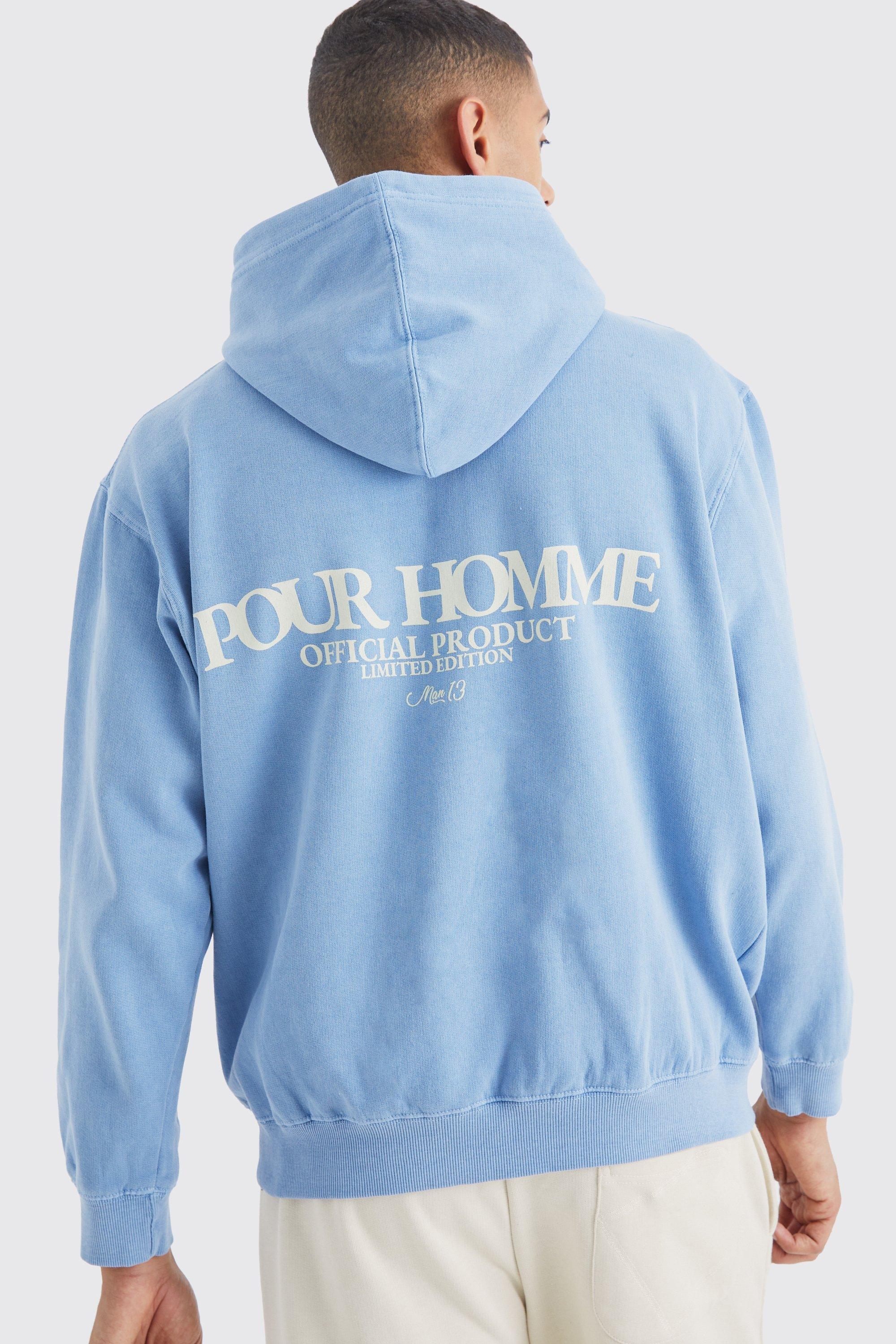 Mens Blue Oversized Overdye Pour Homme Graphic Hoodie, Blue