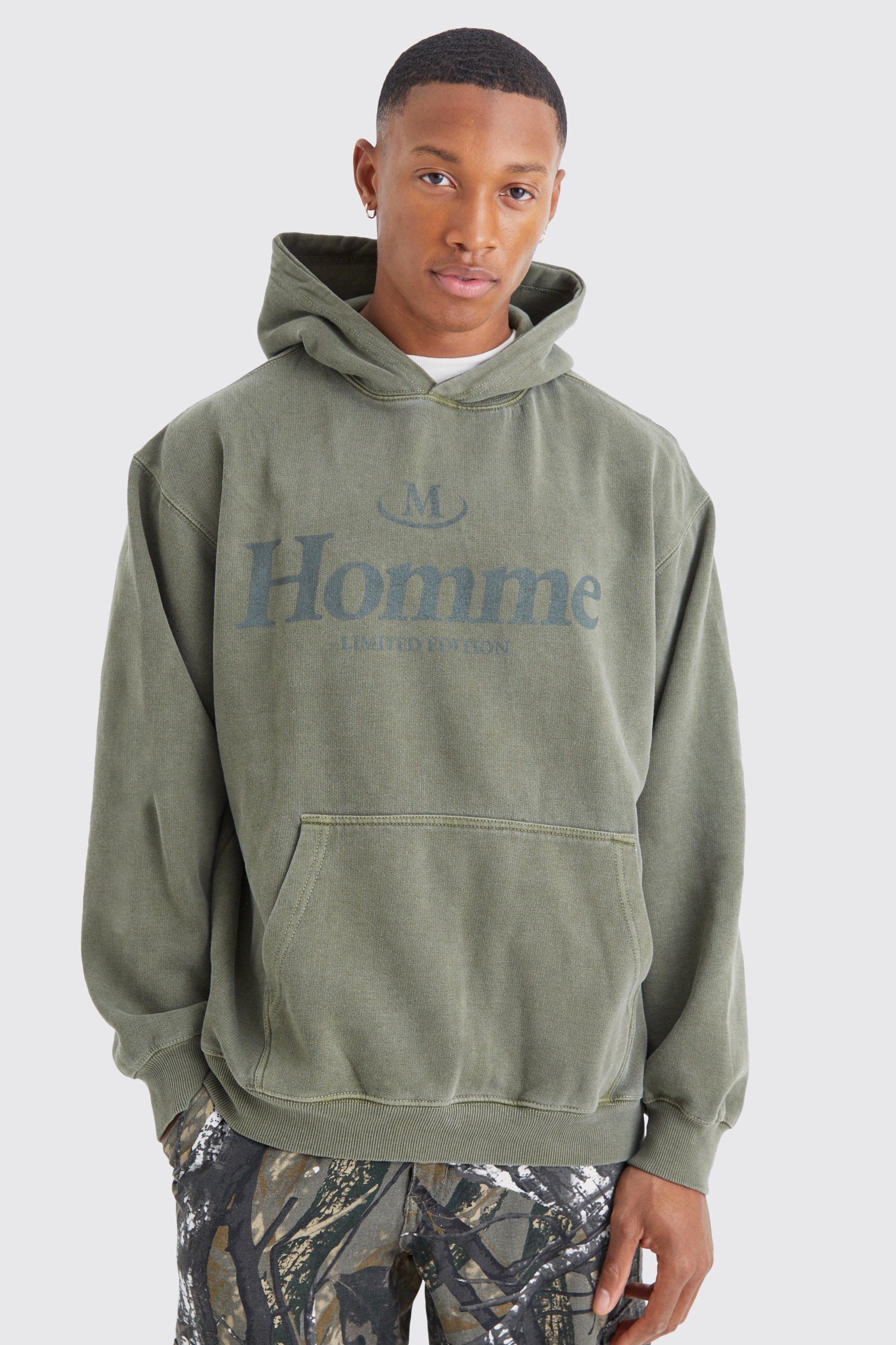 Mens Green Oversized Overdye Homme Graphic Hoodie, Green