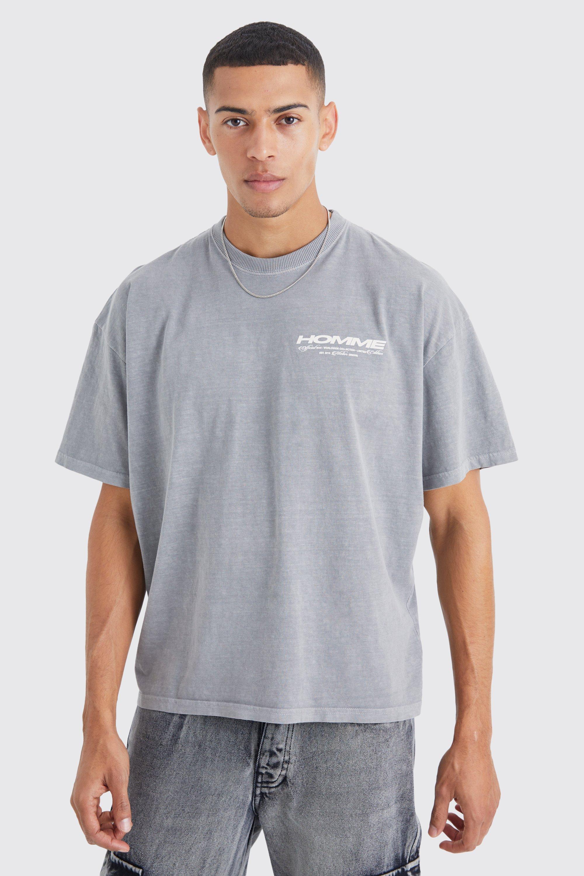 Mens Grey Oversized Overdye Boxy Homme Graphic T-shirt, Grey
