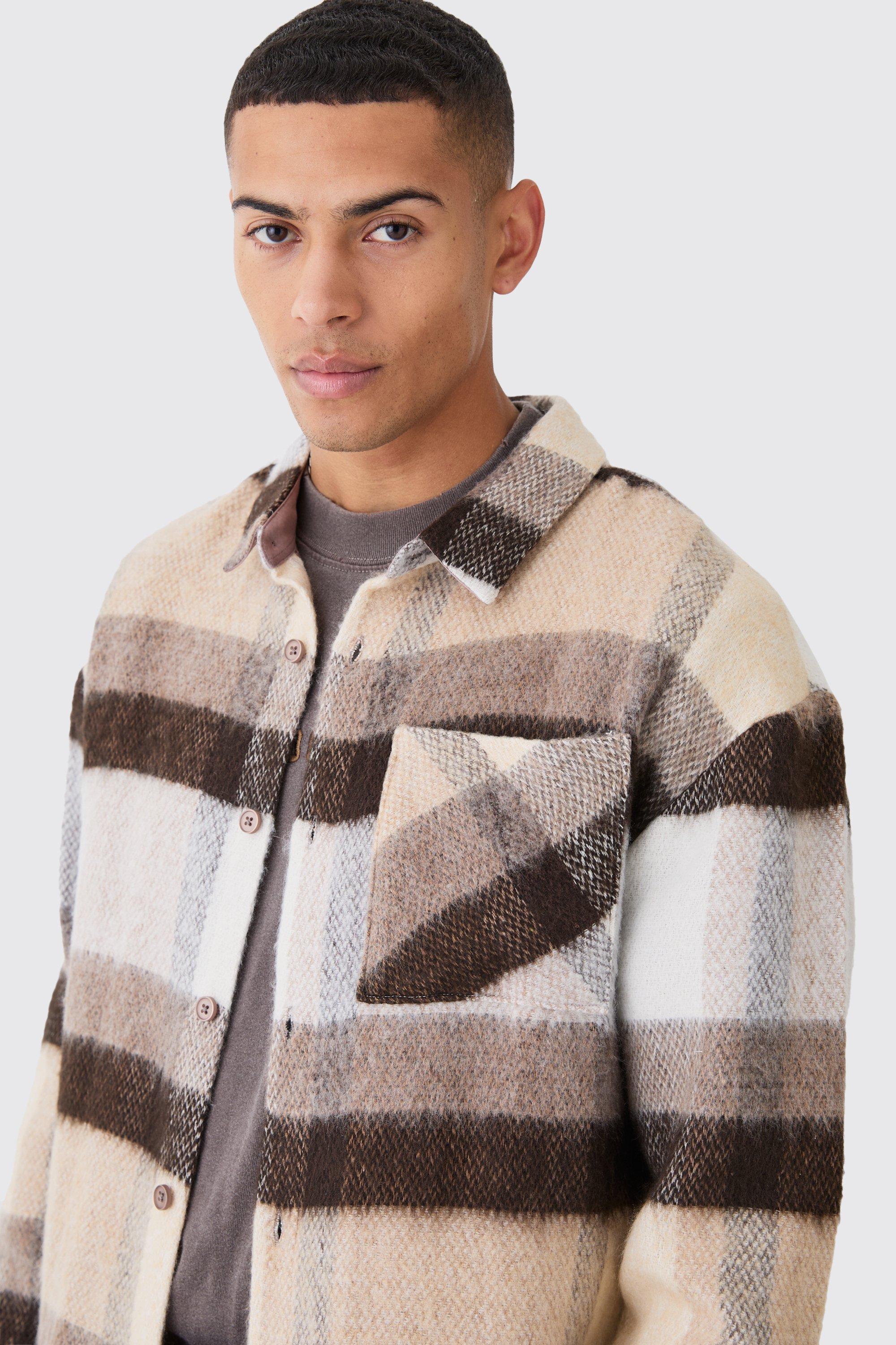 Mens Brown Extreme Heavy Brushed Check Boxy Overshirt, Brown