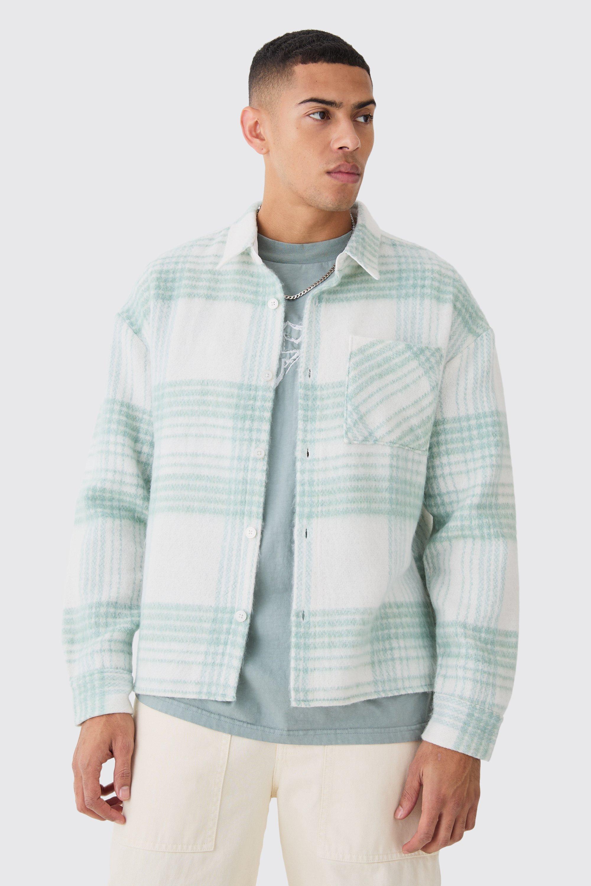 Mens Green Extreme Heavy Brushed Check Boxy Overshirt, Green