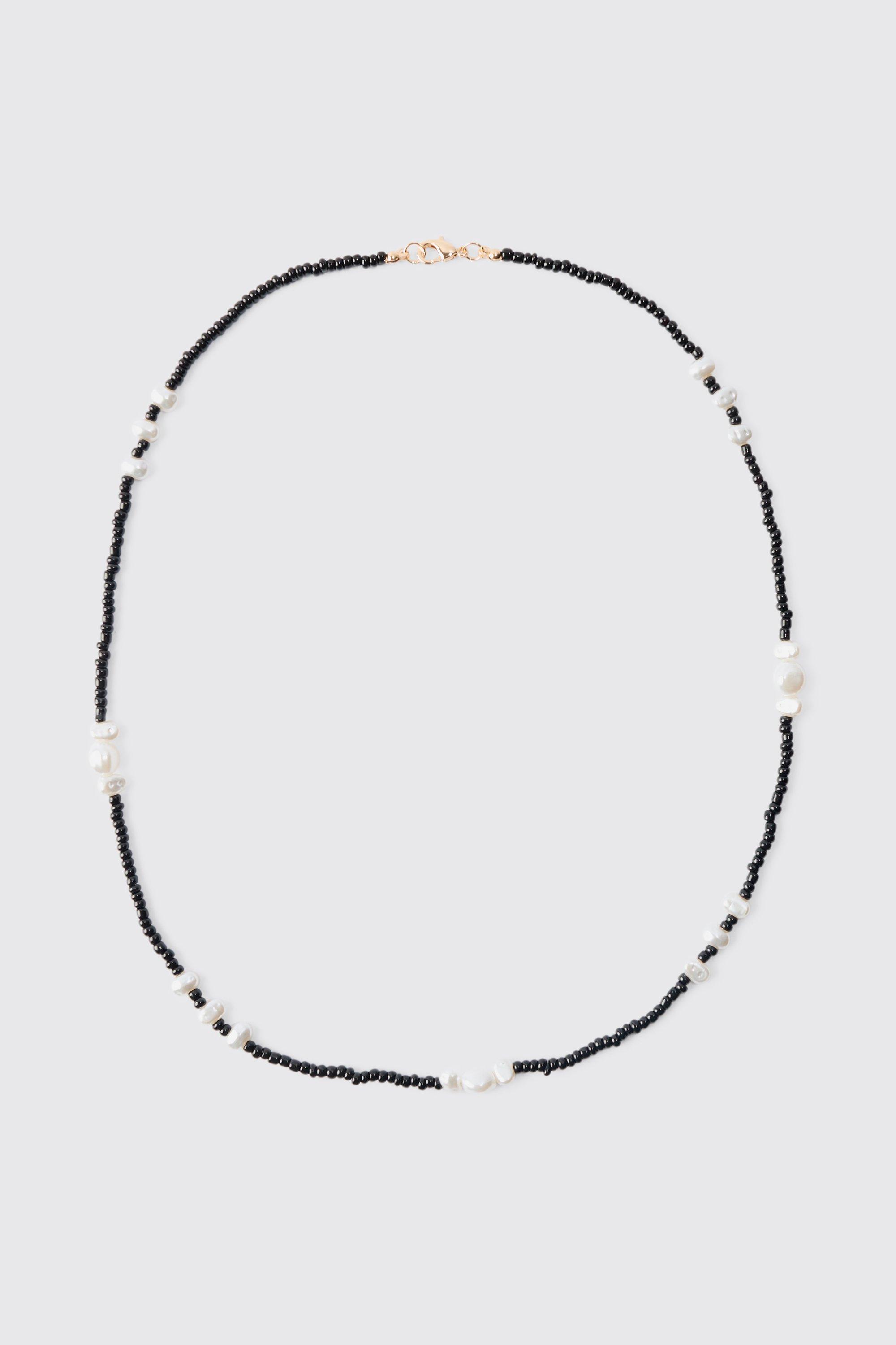 Mens Black Contrast Bead Necklace, Black