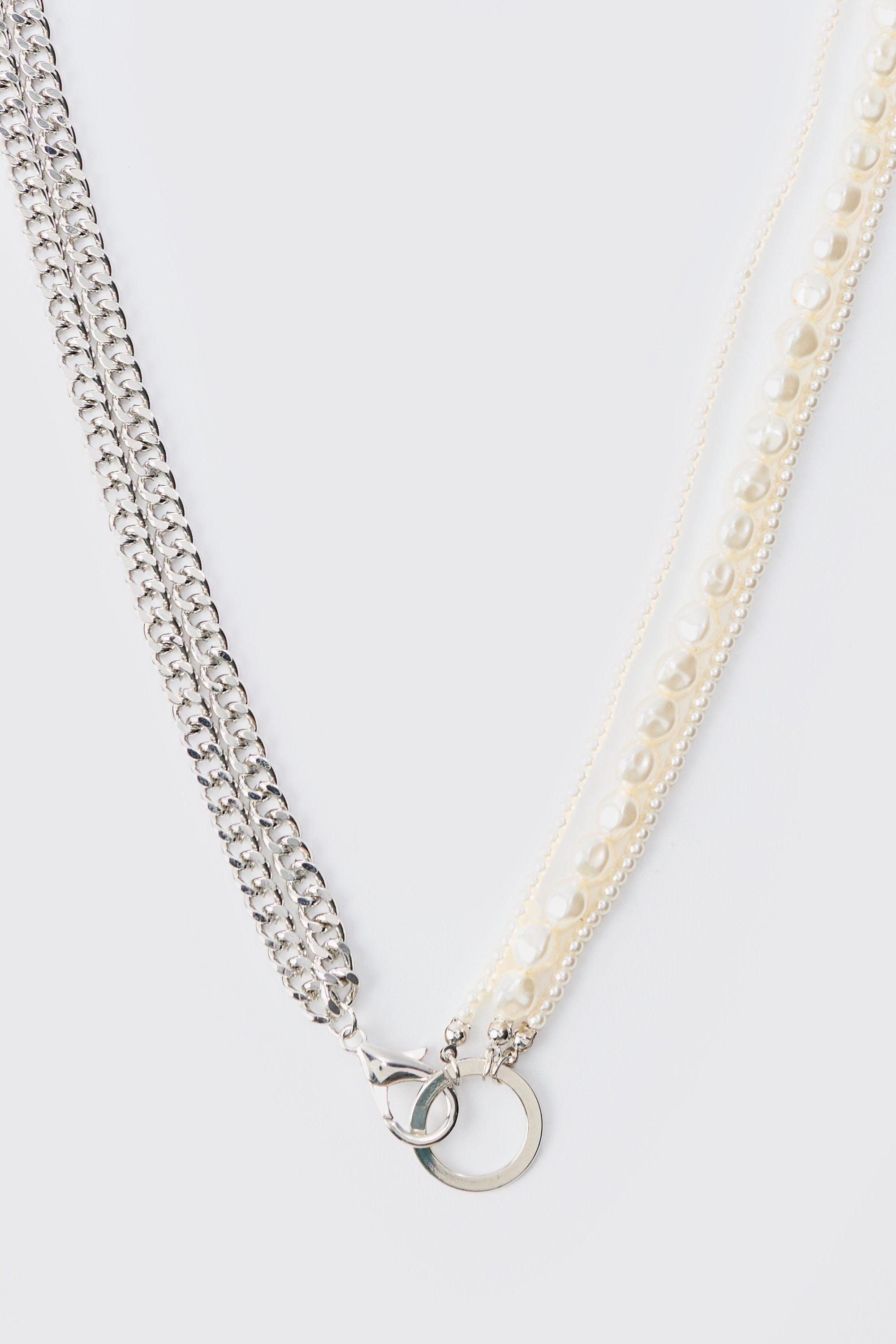 Mens Silver Half Pearl Half Chain Necklace