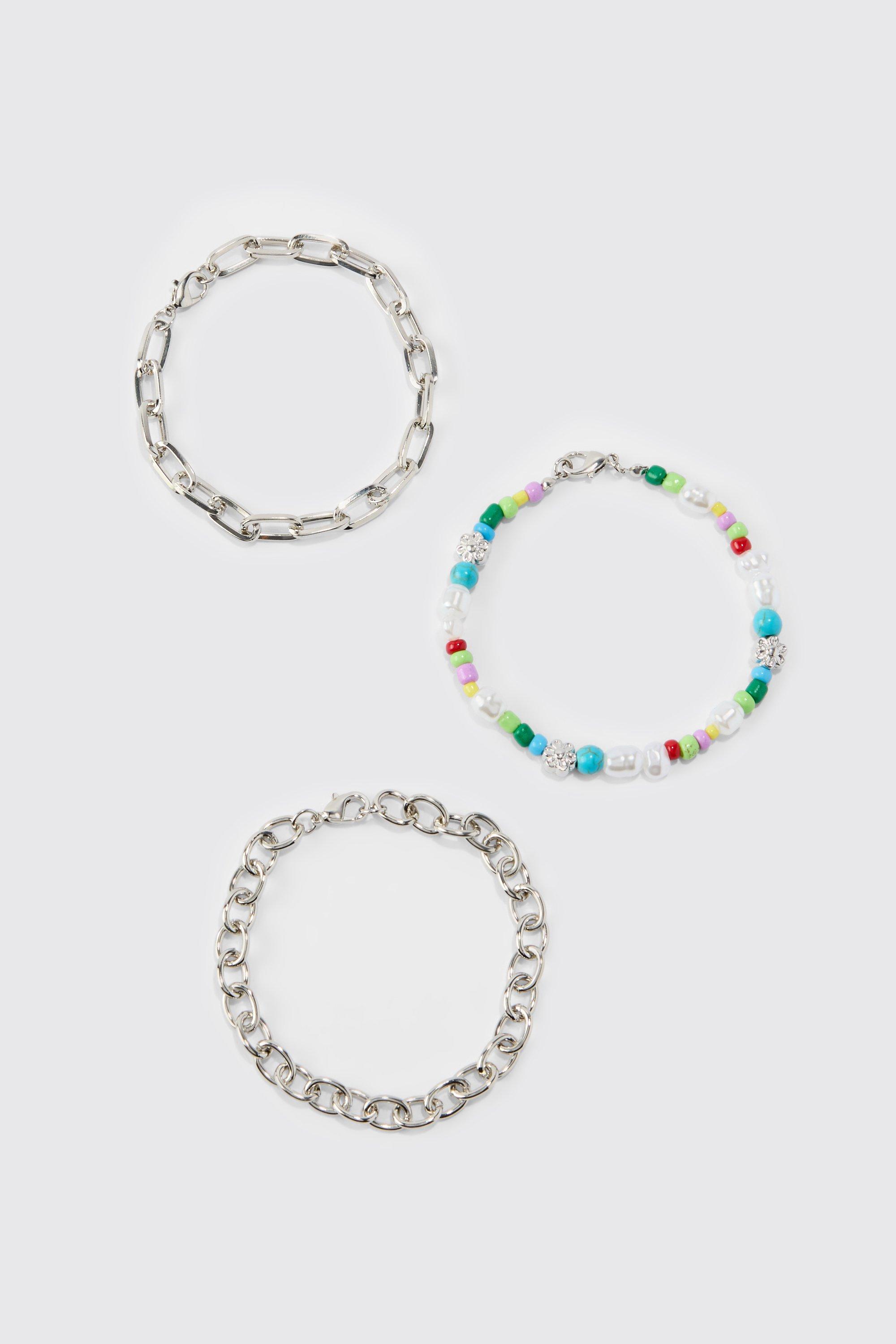 3 pack bead chain bracelets homme - argent - one size, argent
