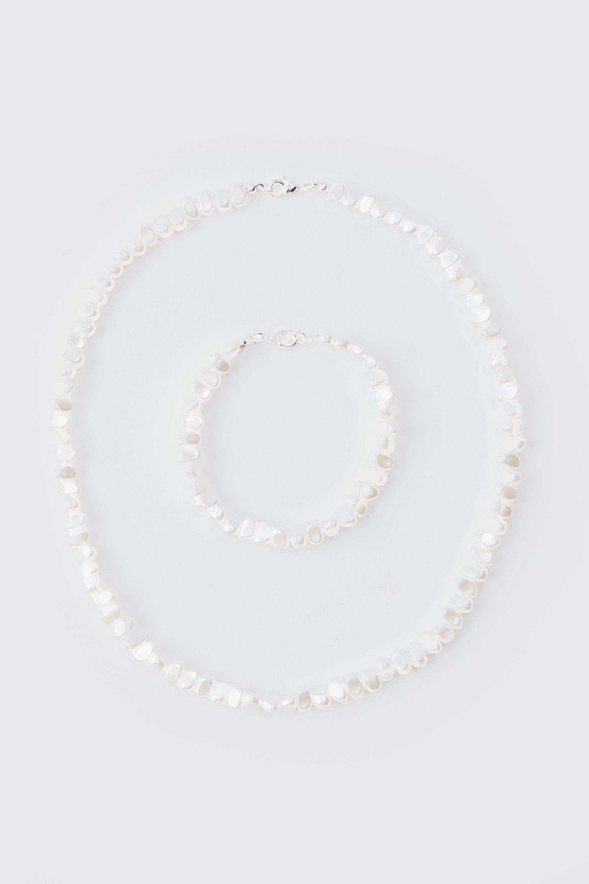 Mens White Pearl Bead Necklace And Bracelet, White