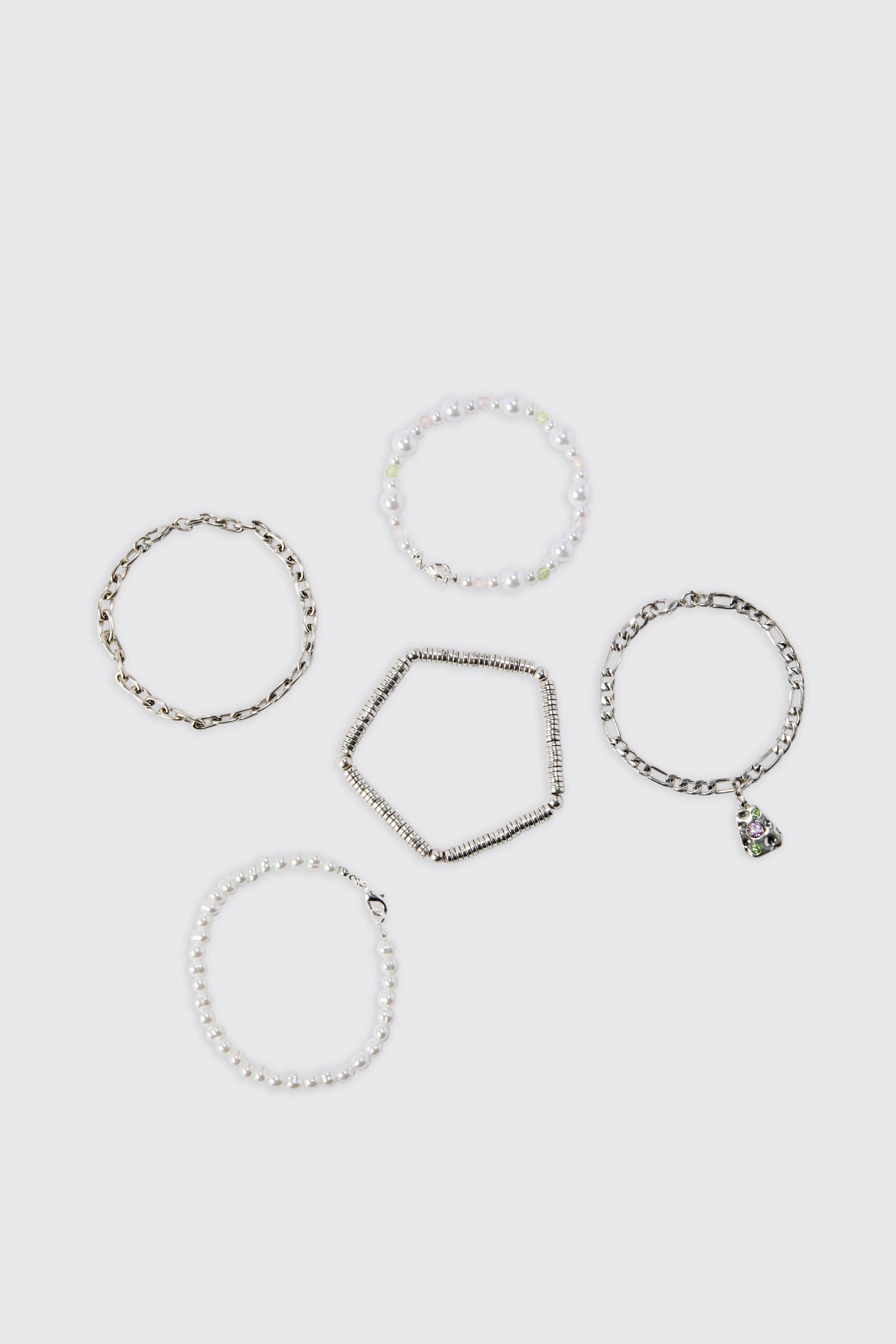5 pack pearl bracelets homme - argent - one size, argent