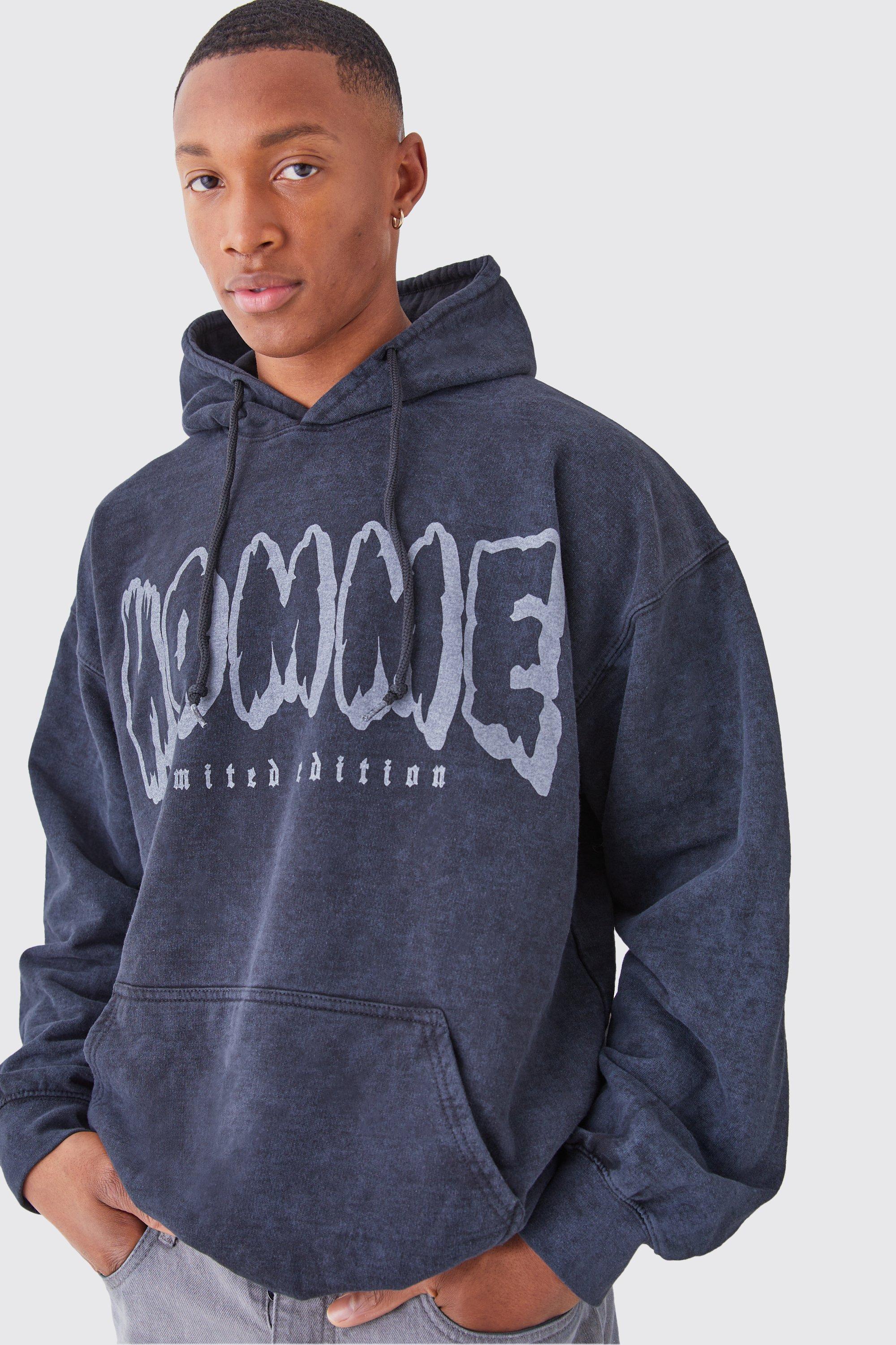 Mens Black Oversized Acid Wash Graphic Hoodie, Black