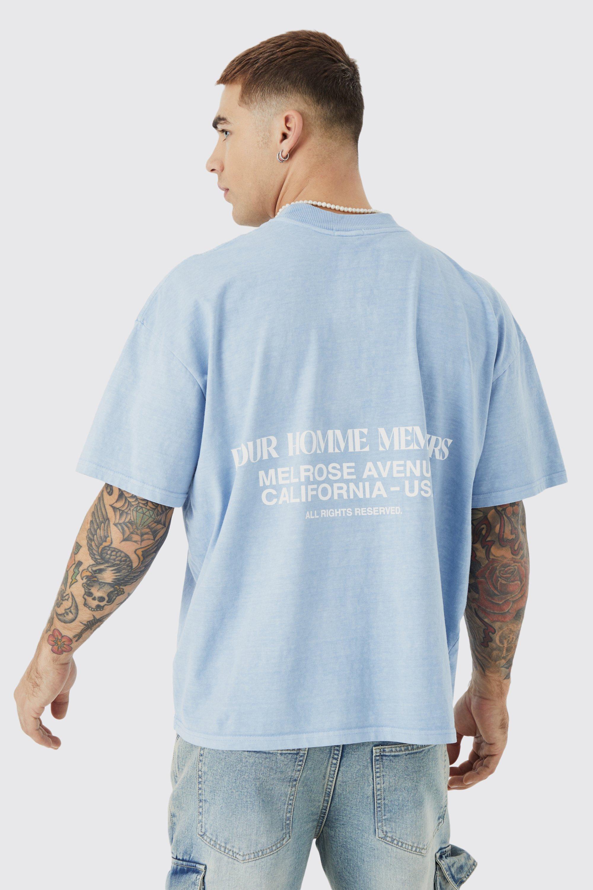 Mens Blue Boxy Overdyed Heavyweight Graphic T-shirt, Blue