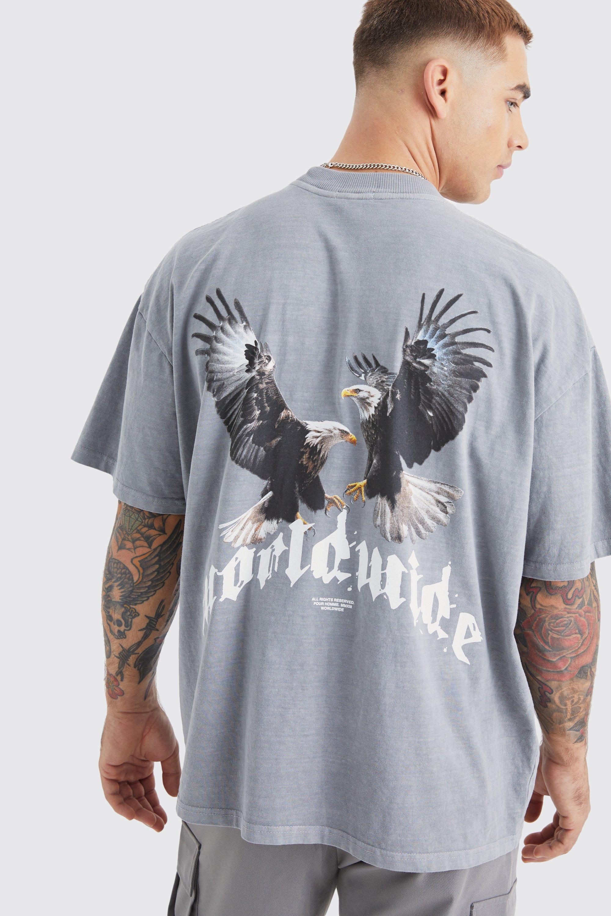 Mens Grey Washed Oversized Extended Neck Eagle Graphic T-shirt, Grey