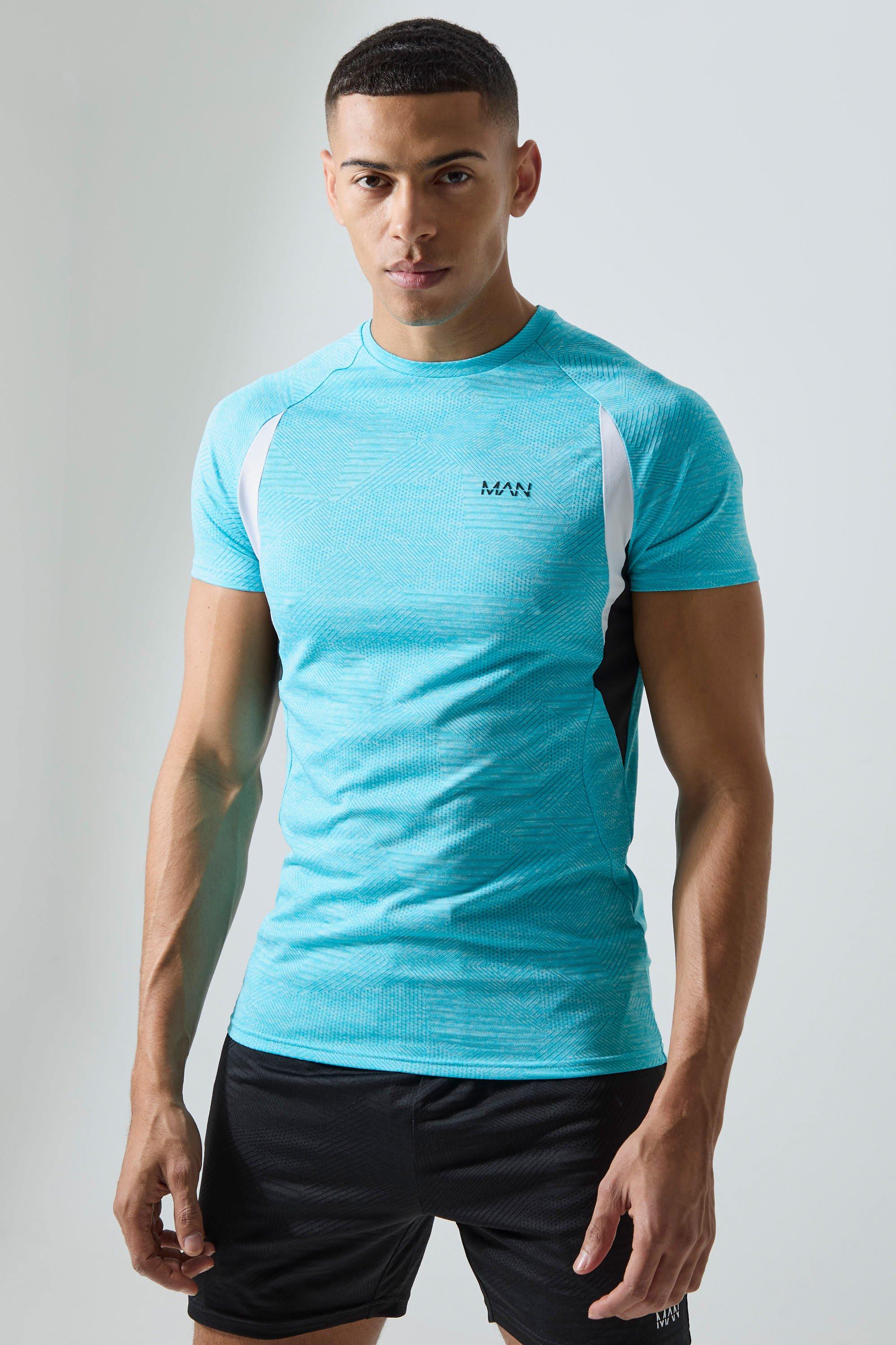 Mens Blue Man Active Geo Jacquard Muscle Fit T-shirt, Blue
