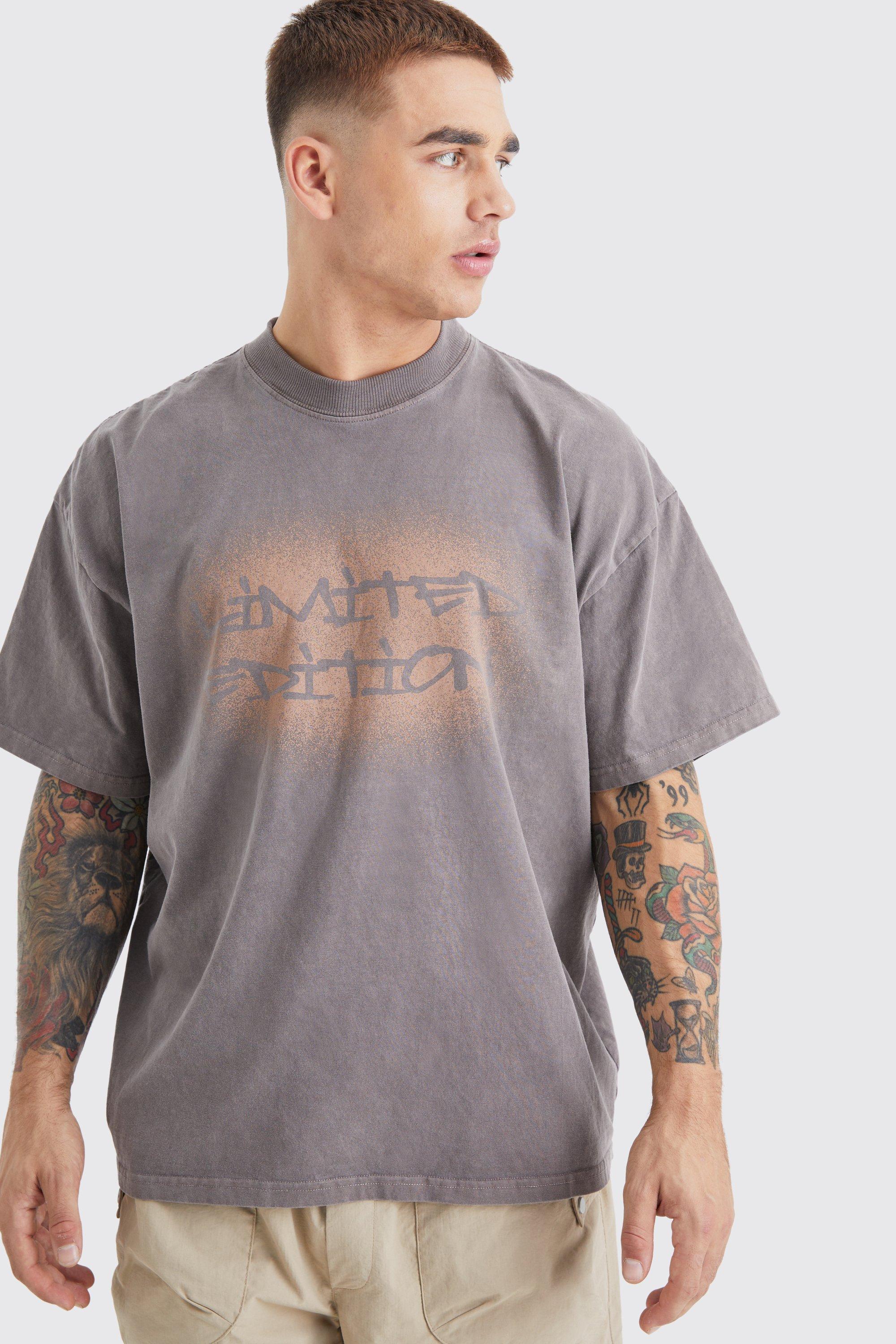Mens Brown Oversized Extended Neck Overdyed Spray T-shirt, Brown