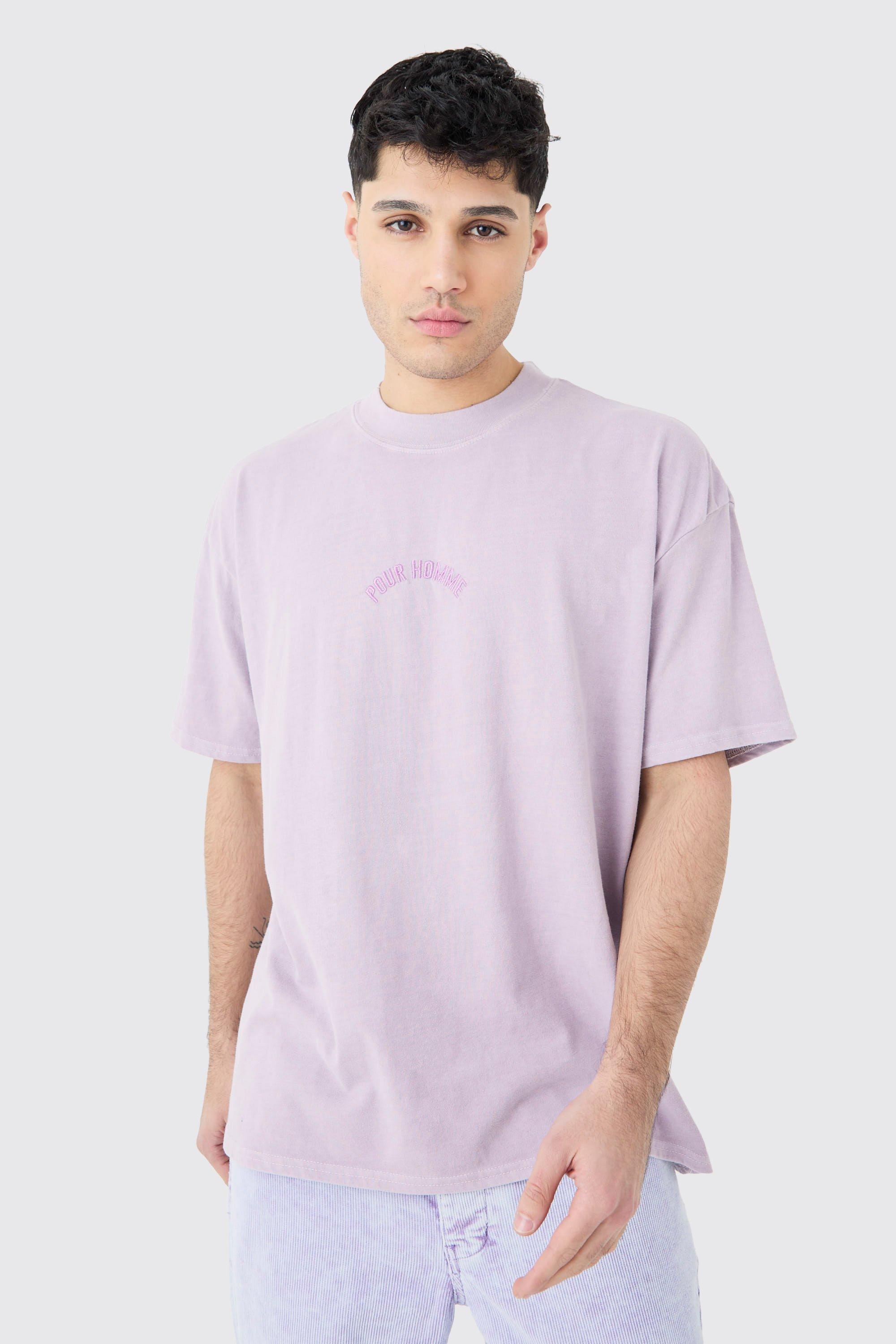 Mens Purple Oversized Distressed Washed Embroidered T-shirt, Purple