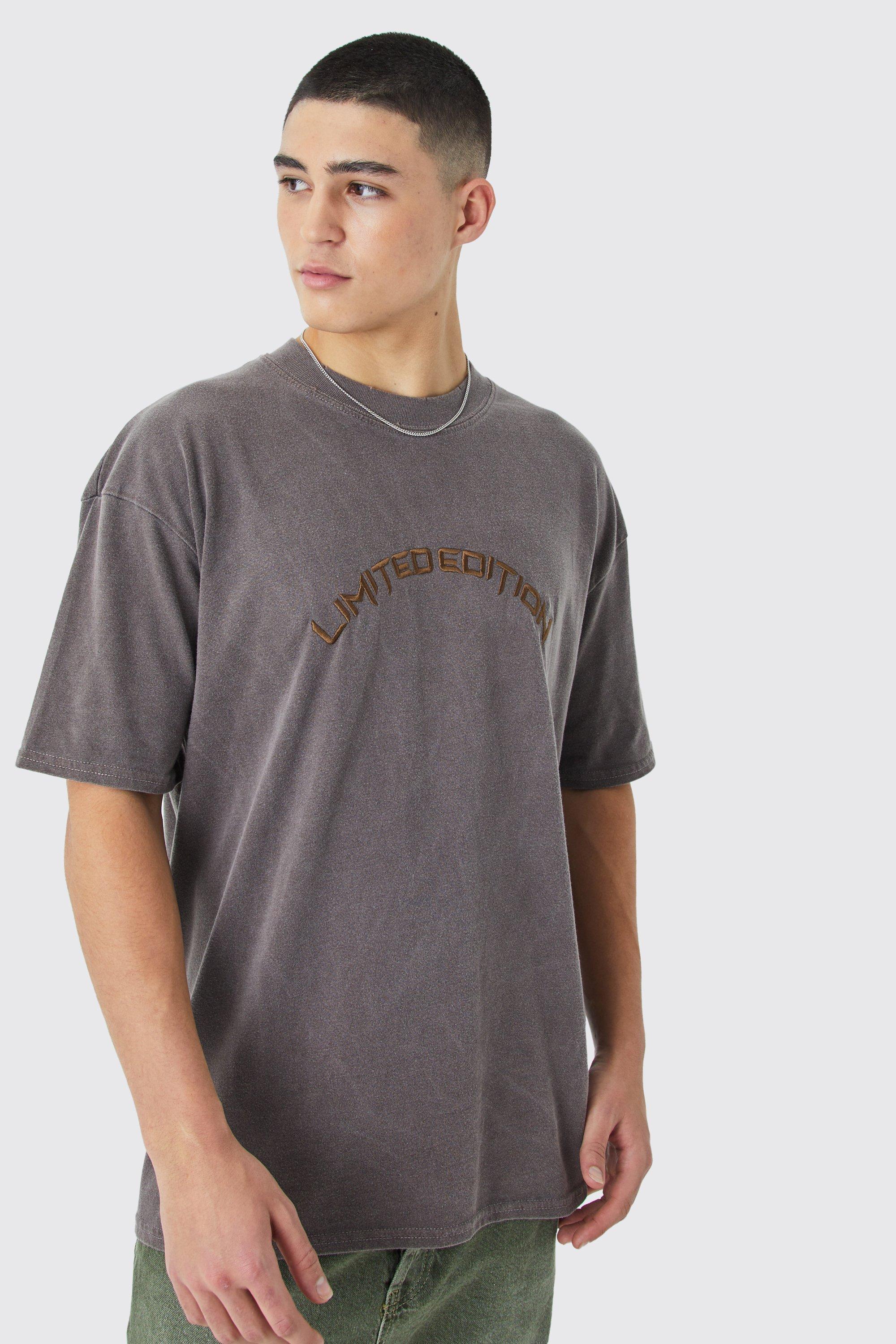 Mens Brown Oversized Distressed Washed Embroidered T-shirt, Brown