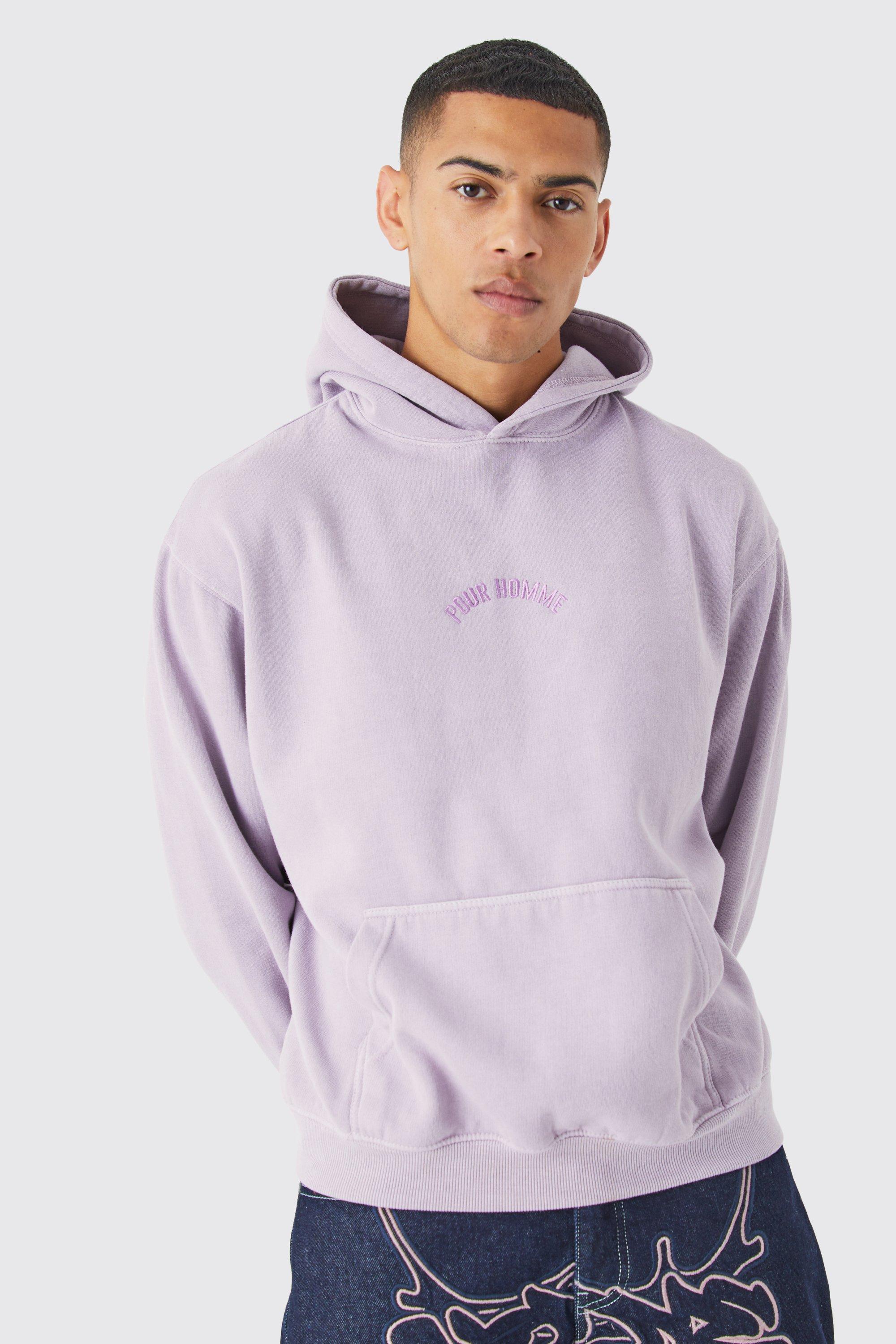 Mens Purple Oversized Washed Embroidered Hoodie, Purple