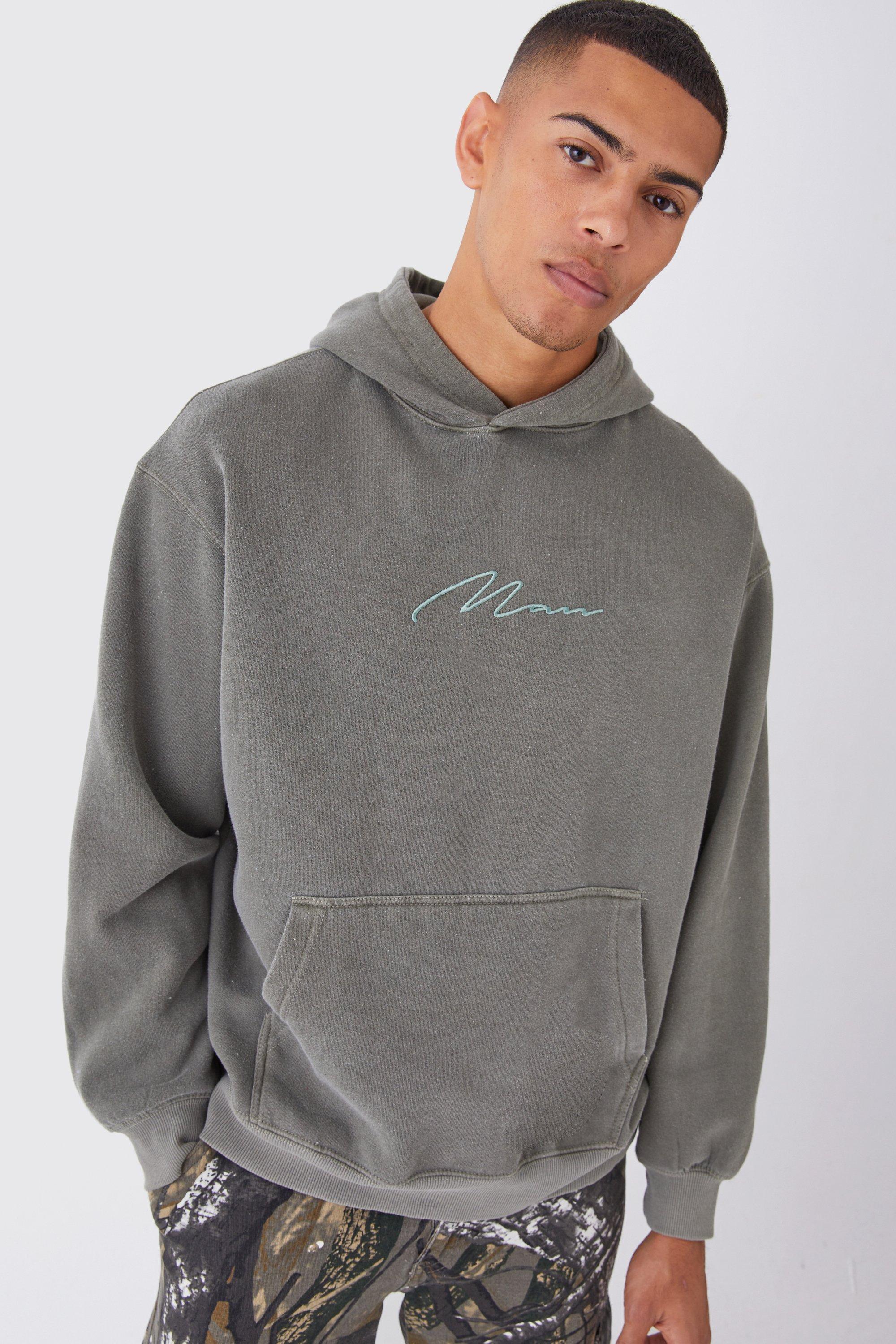 Mens Green Oversized Washed Embroidered Hoodie, Green