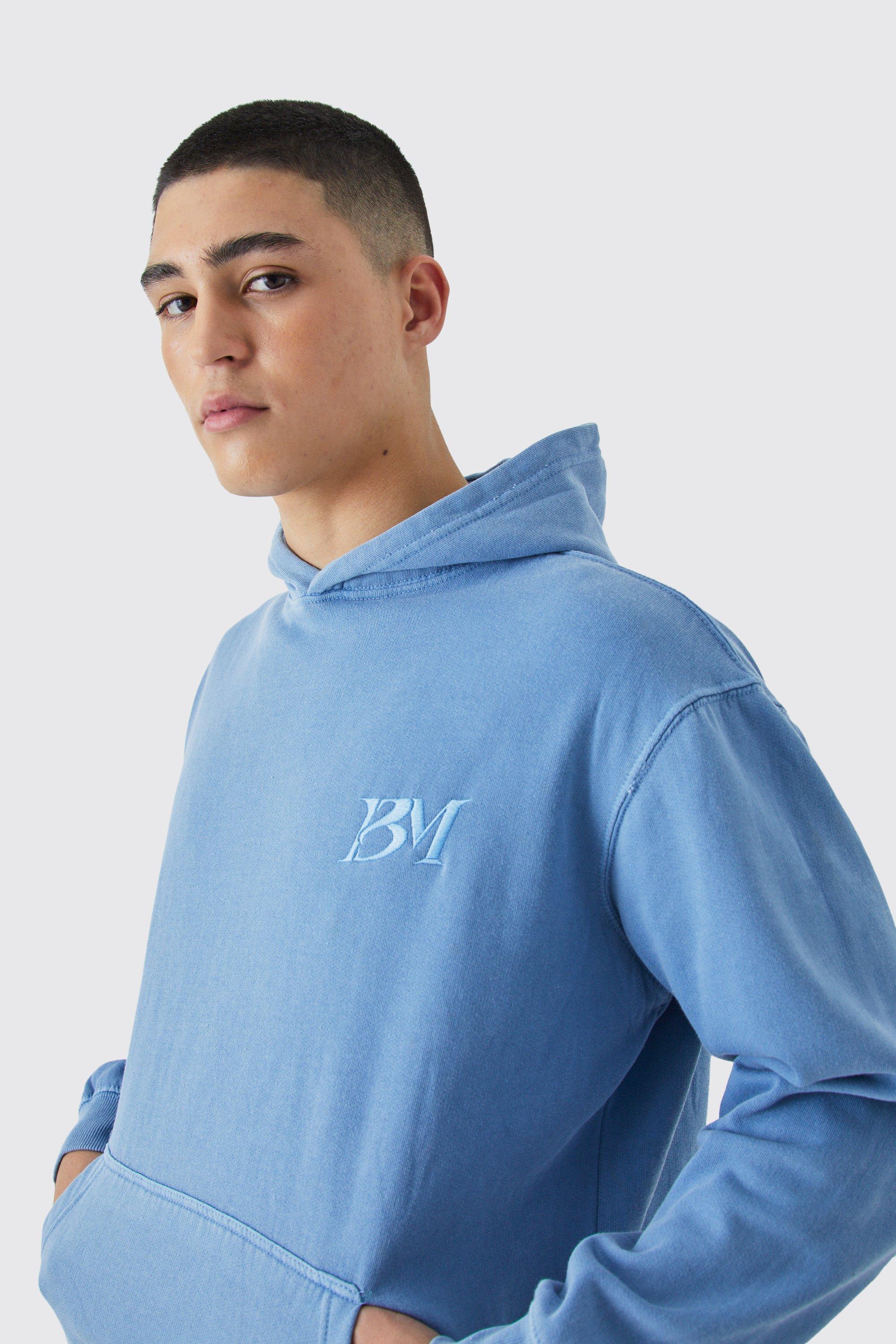 Mens Blue Oversized Washed Embroidered Hoodie, Blue