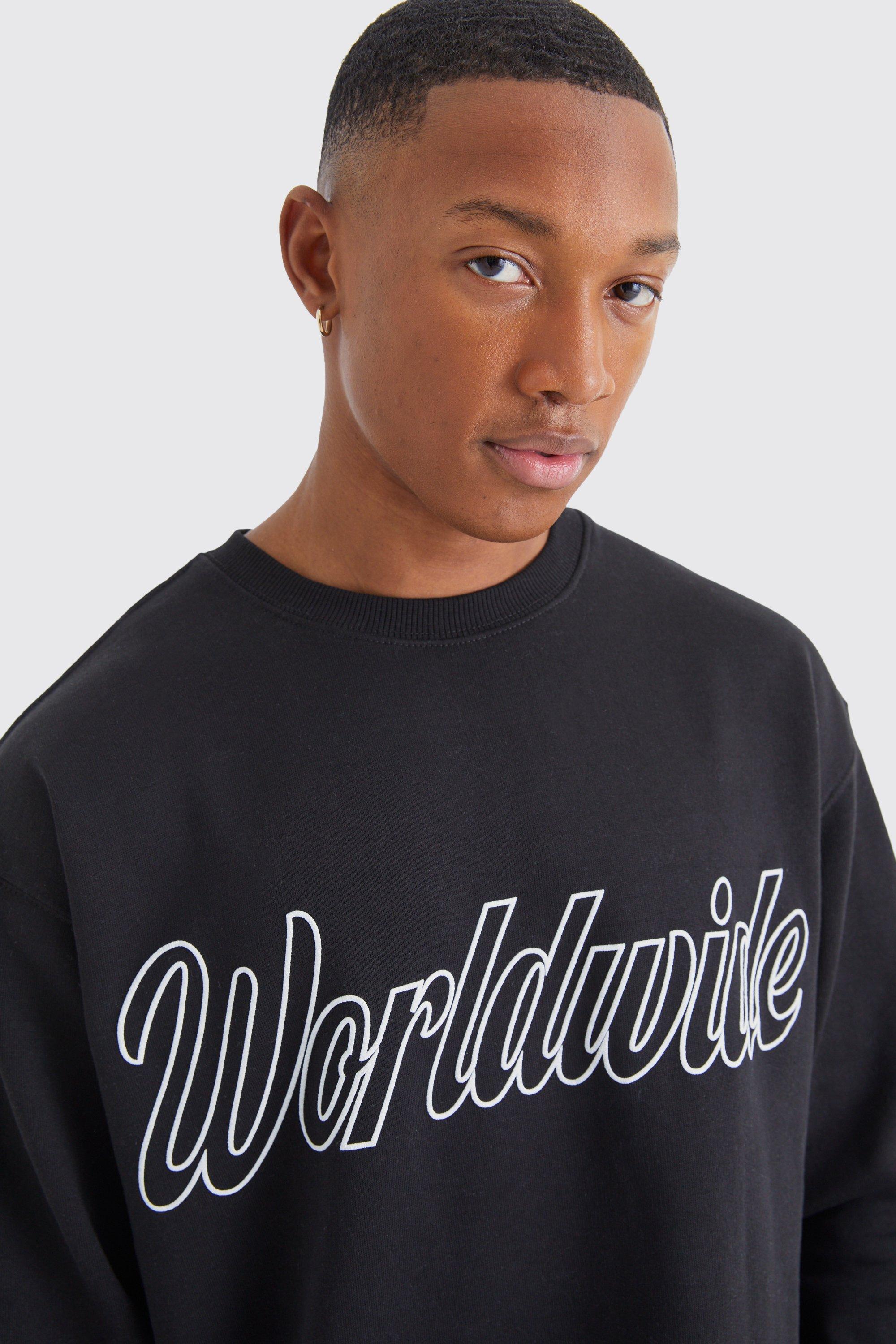 Mens Black Oversized Worldwide Puff Print Sweatshirt, Black