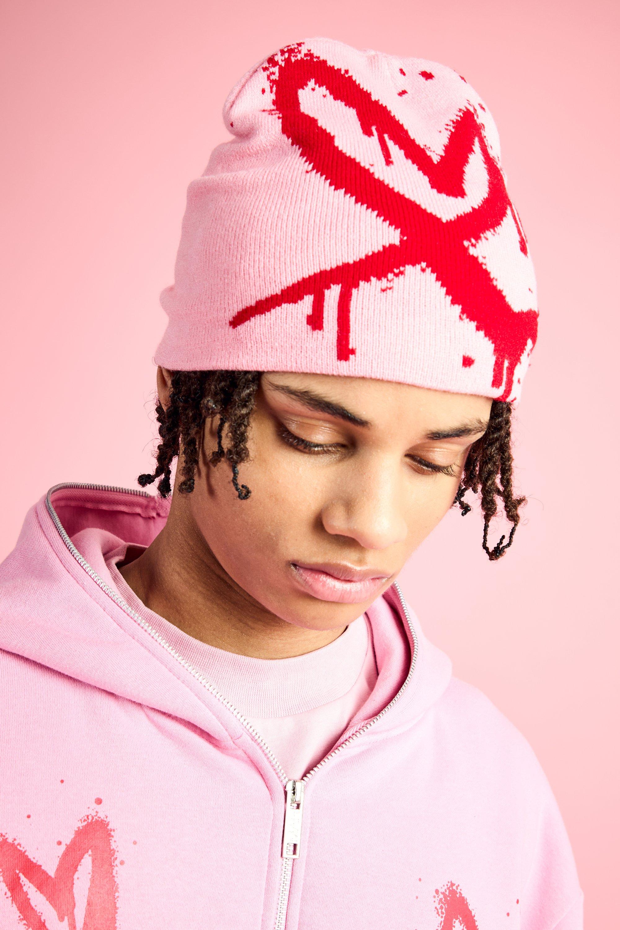 Mens Pink Spray Heart Graphic Beanie, Pink