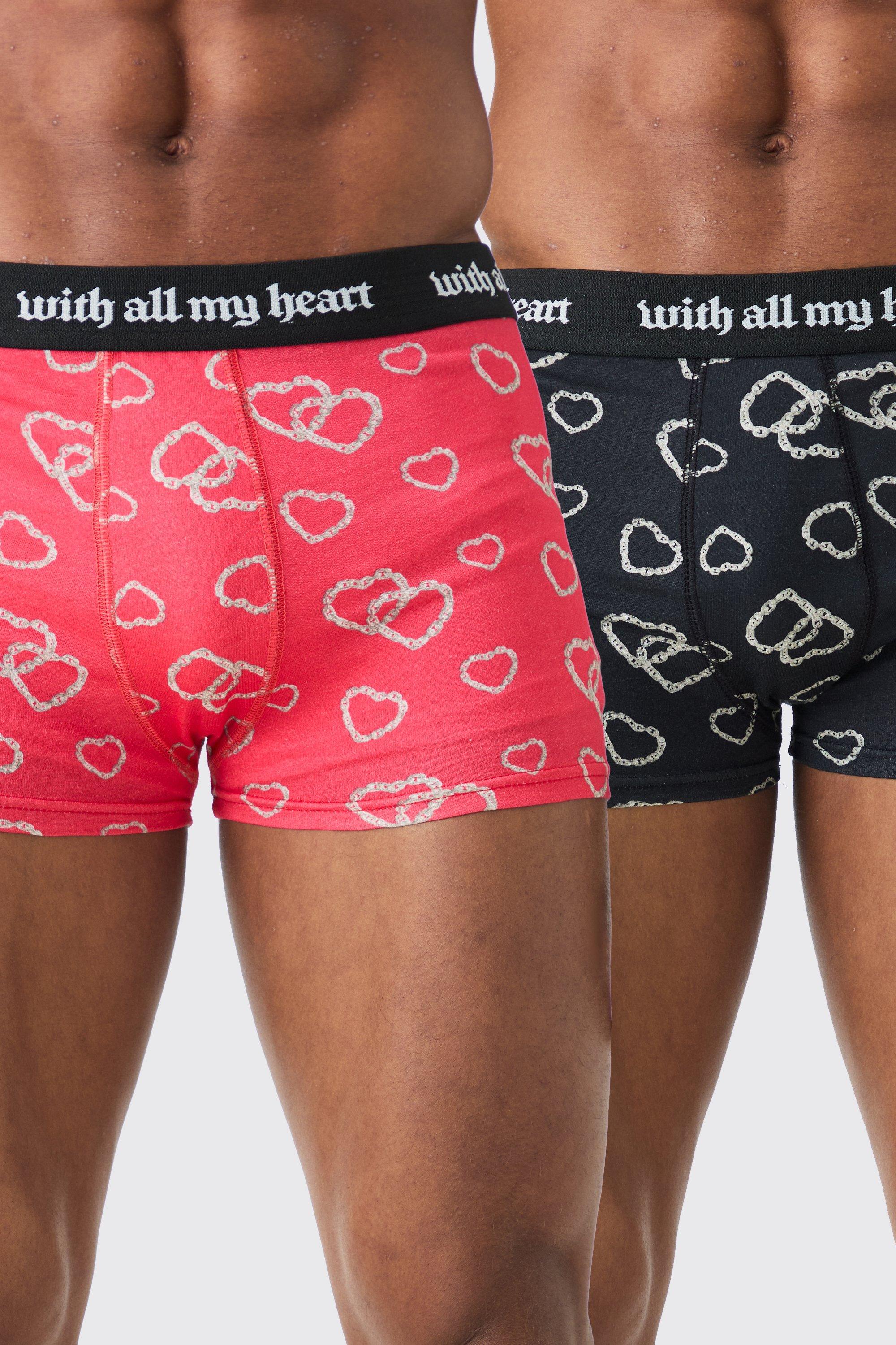 Mens Red X2 Pack Printed Heart Boxers, Red