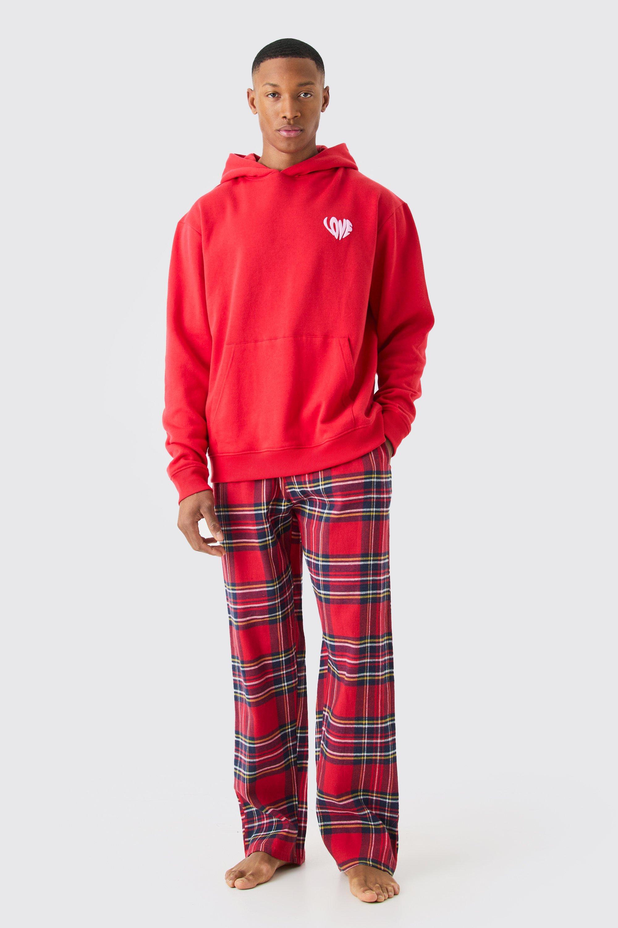 Mens Red Love Hoodie & check Lounge Bottom Set, Red