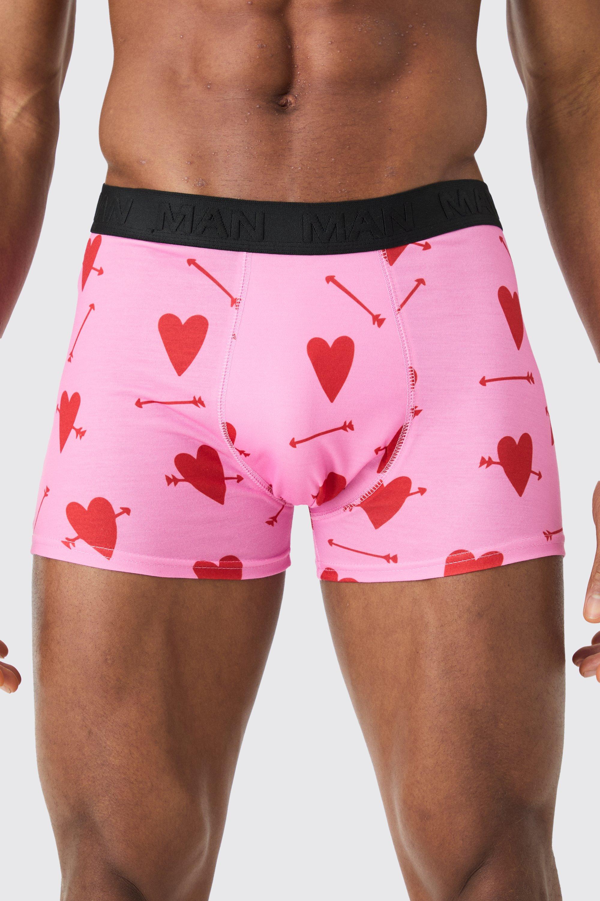 Mens Pink Printed Heart Slogan Boxers, Pink