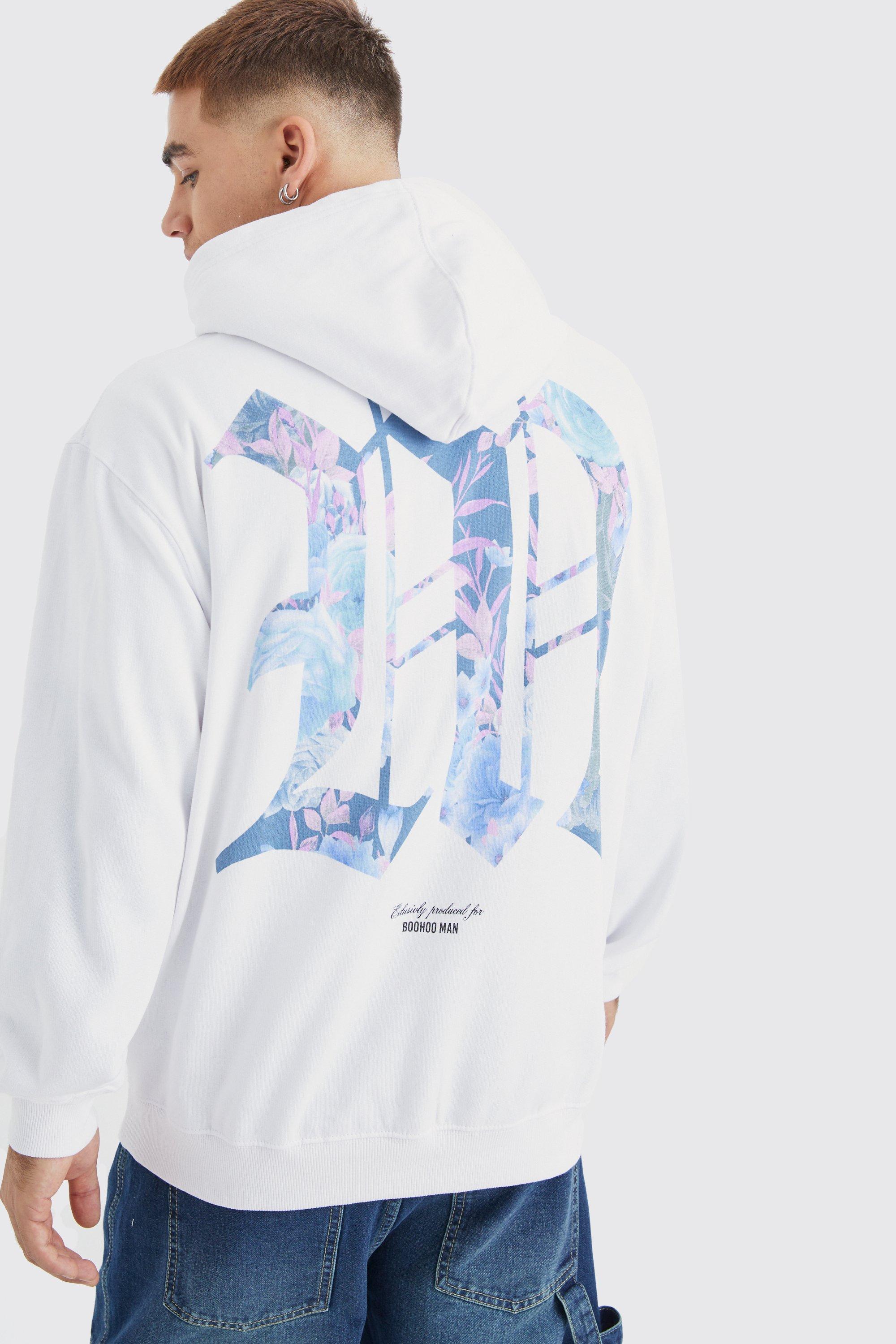 Mens White Oversized M Floral Graphic Hoodie, White