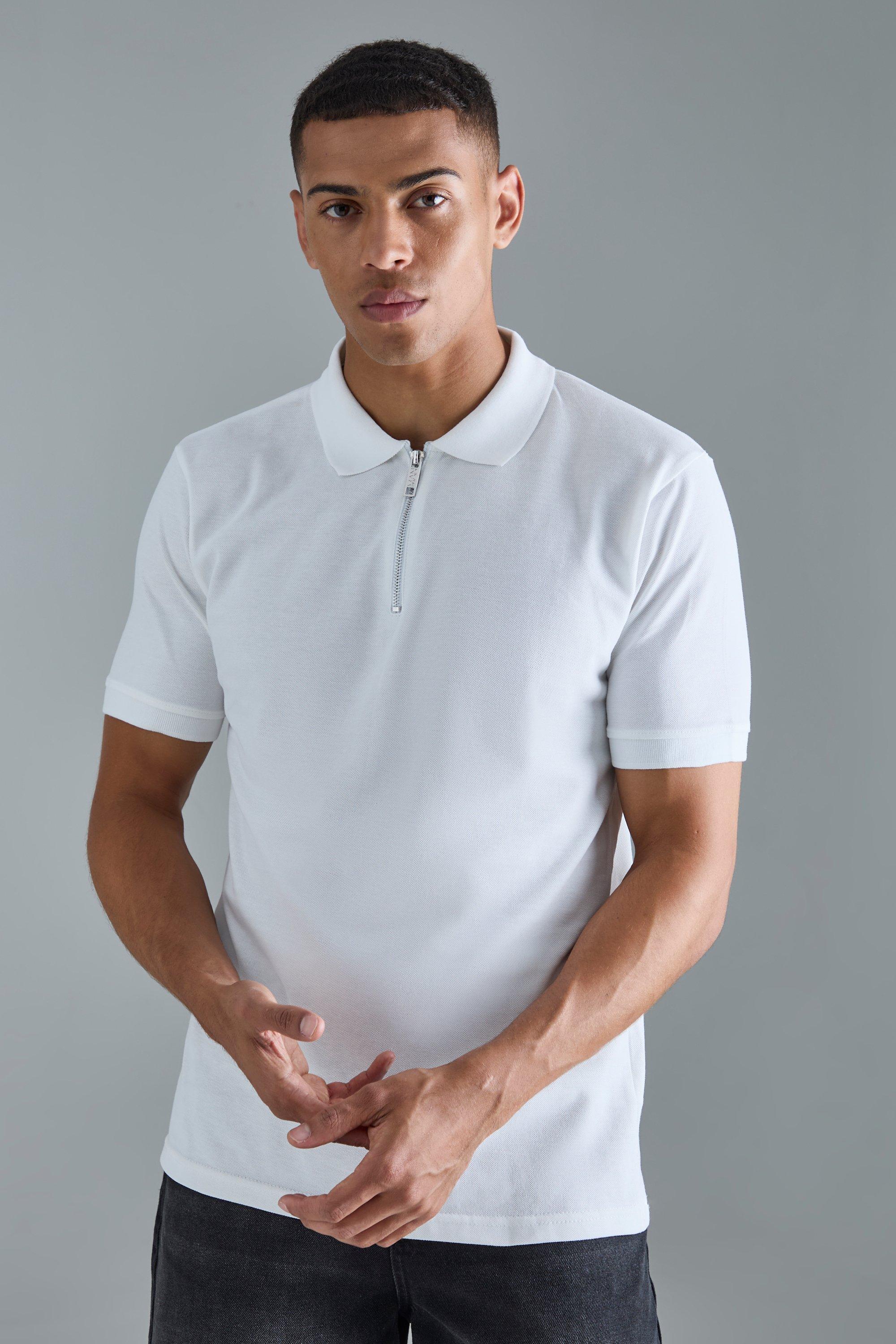 Mens White Slim 1/4 Zip Pique Golf Polo, White