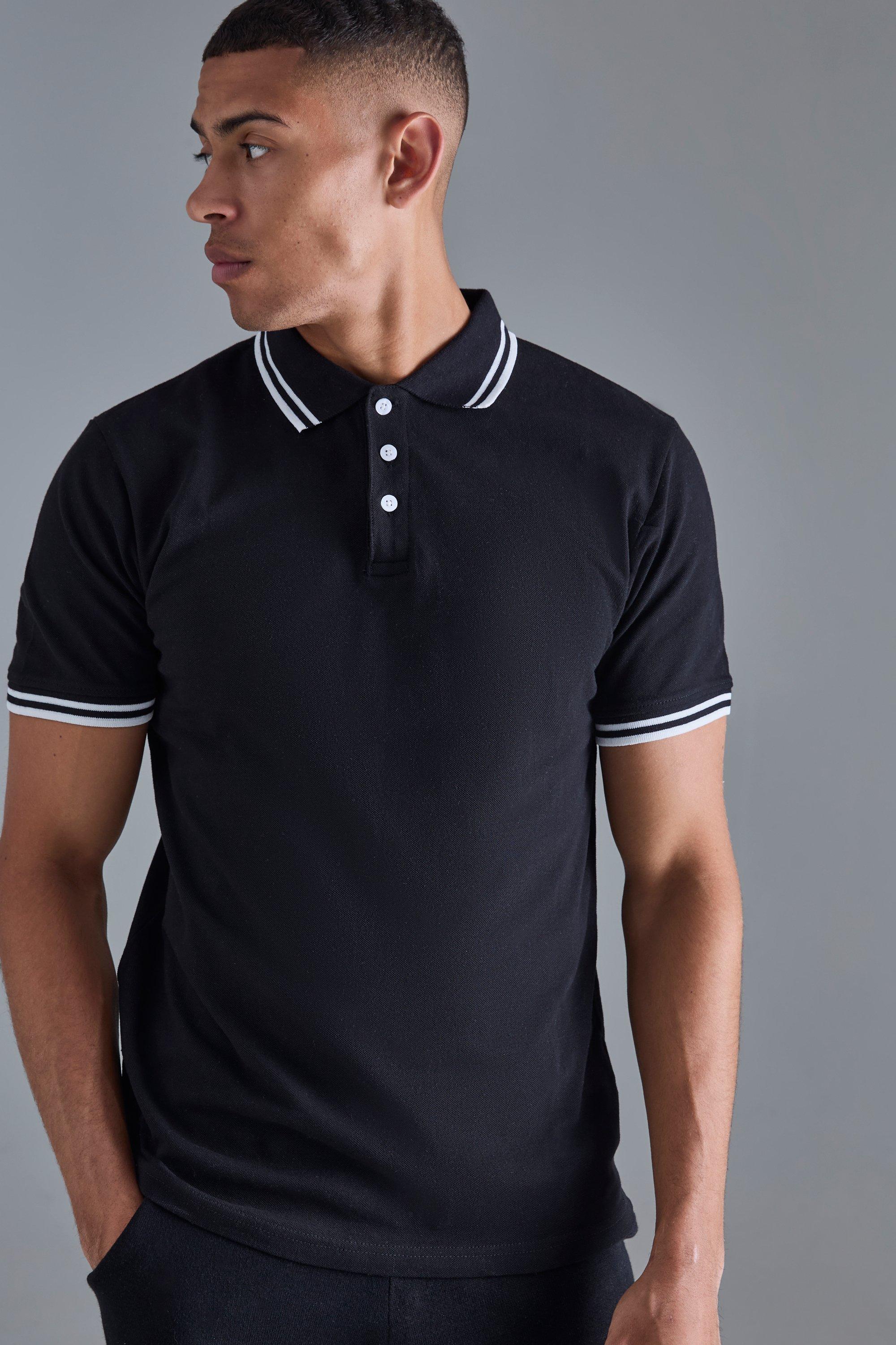 Mens Black Slim Tipped Pique Golf Polo, Black