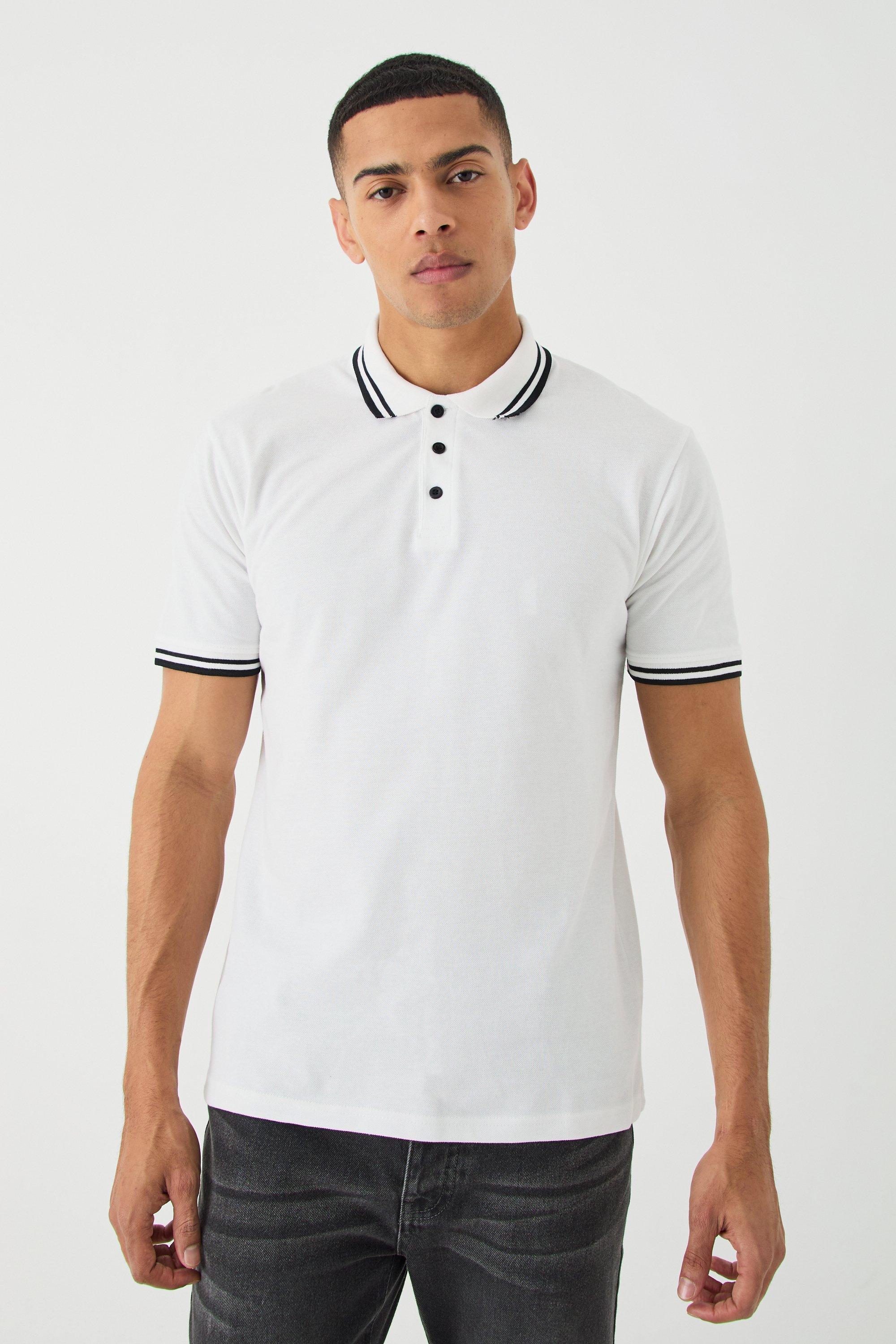 Mens White Slim Tipped Pique Golf Polo, White