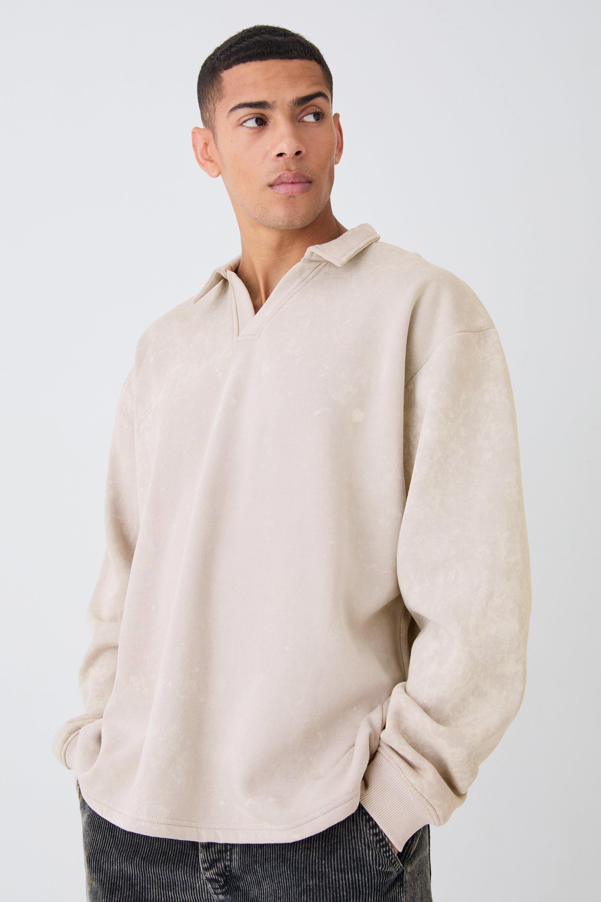 Mens Beige Oversized Washed Revere Rugby Sweatshirt Polo, Beige