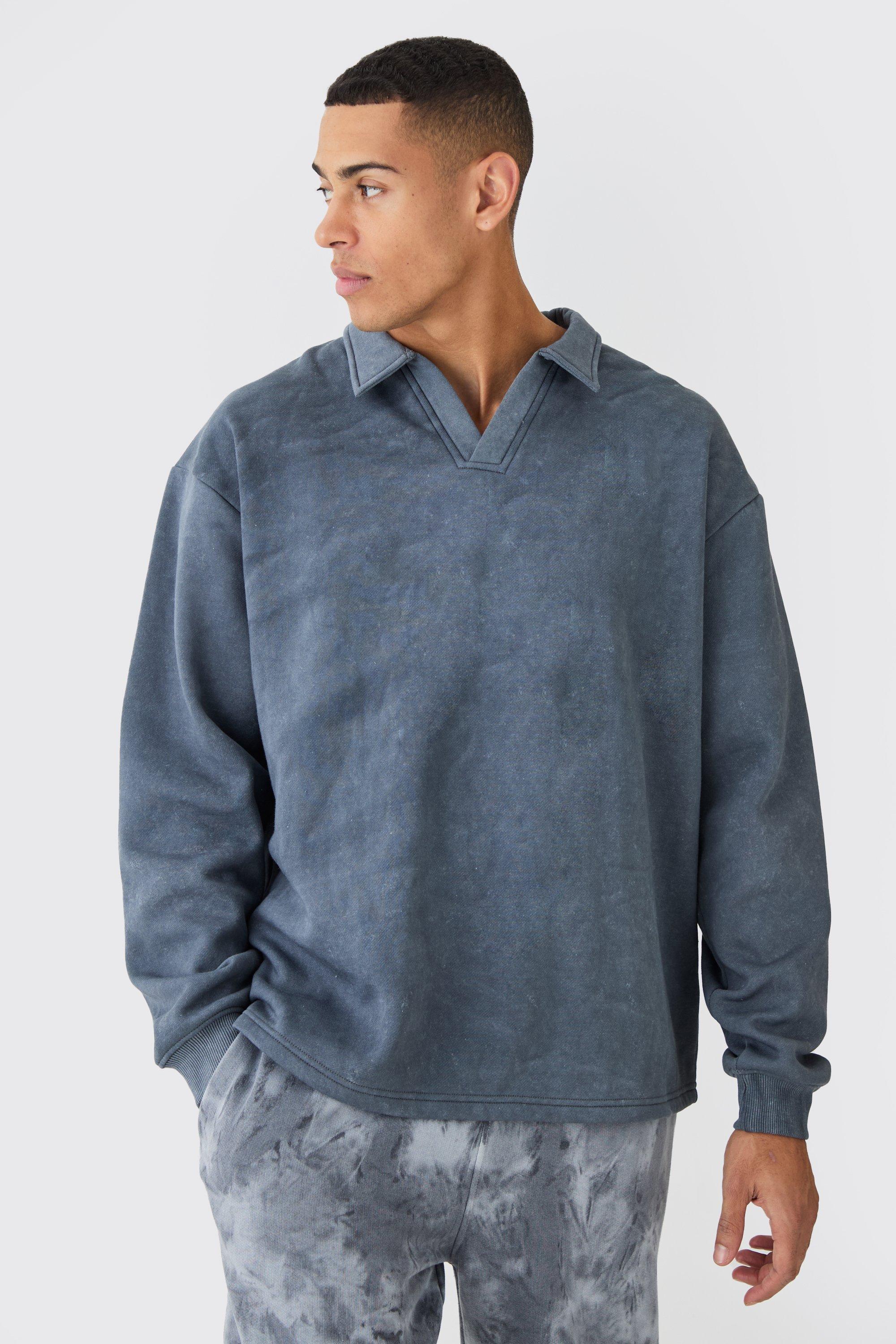 Mens Grey Oversized Washed Revere Rugby Sweatshirt Polo, Grey
