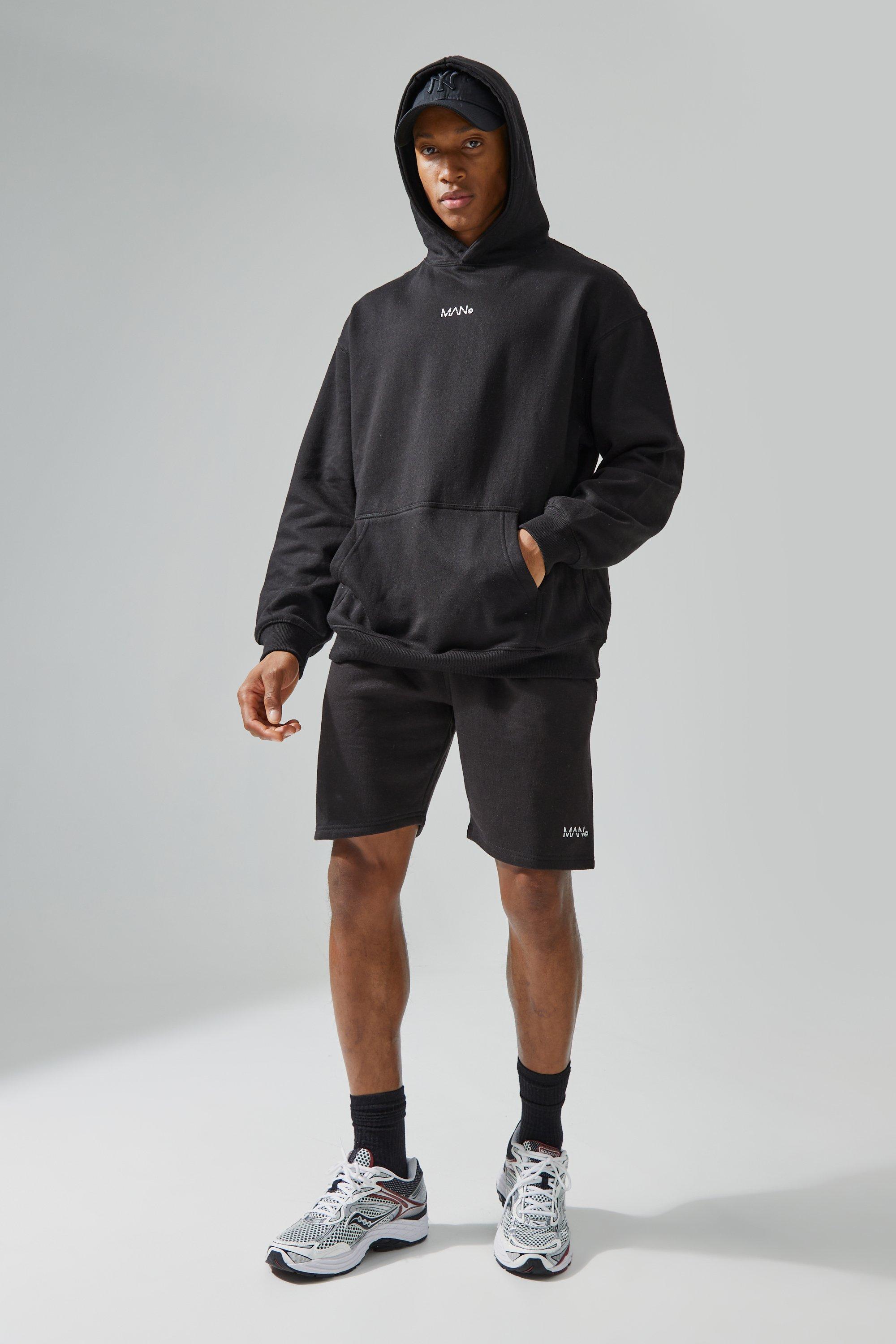 Mens Black Man Active Gym Hoodie & Short Set, Black