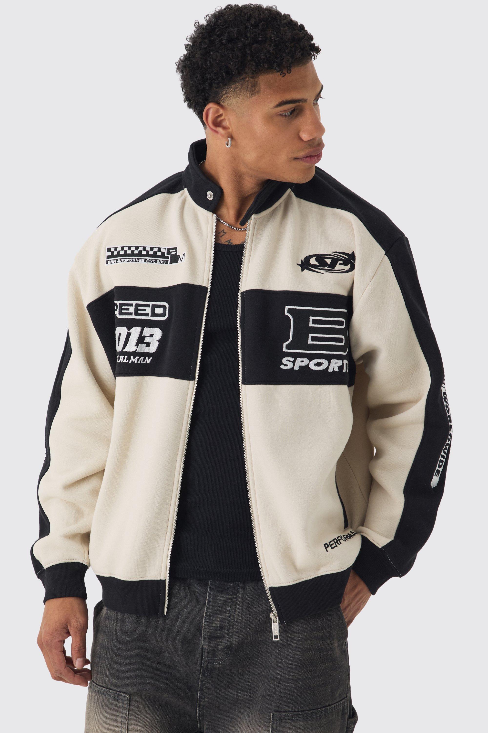 Mens Beige Oversized Jersey Moto Collar Bomber Jacket, Beige