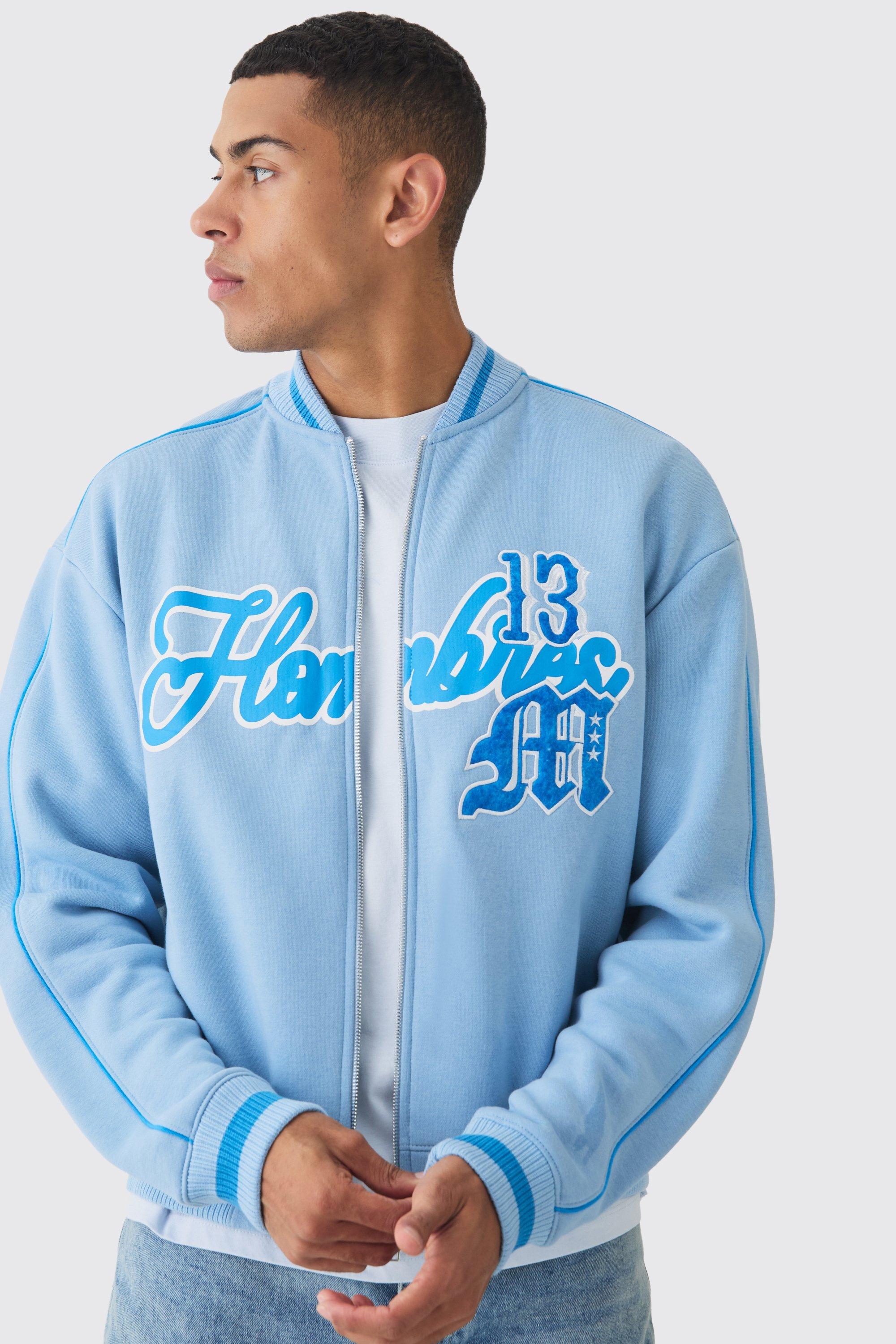 Mens Blue Boxy Jersey Homme Athletics Bomber Jacket, Blue