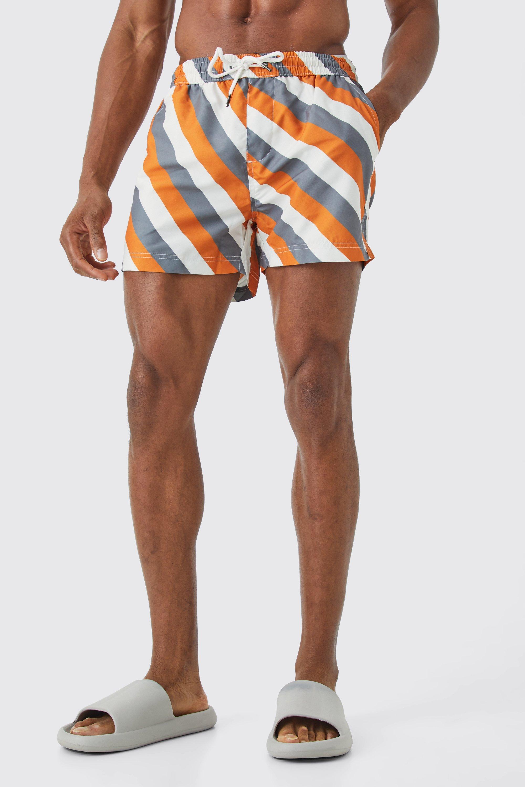 Mens Orange Mid Length Stripe Swim Short, Orange