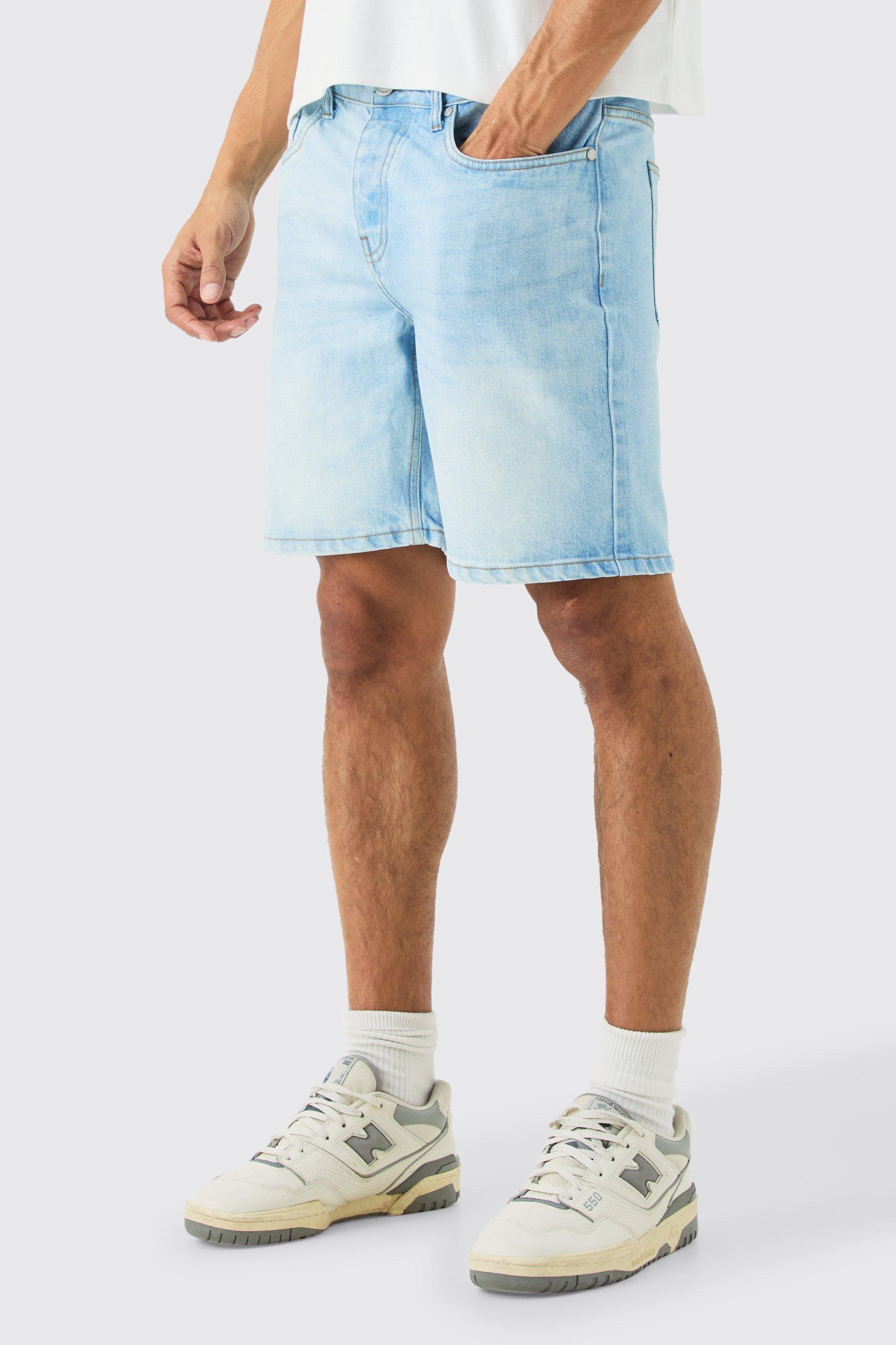 Image of Pantaloncini Slim Fit in denim rigido azzurri, Azzurro