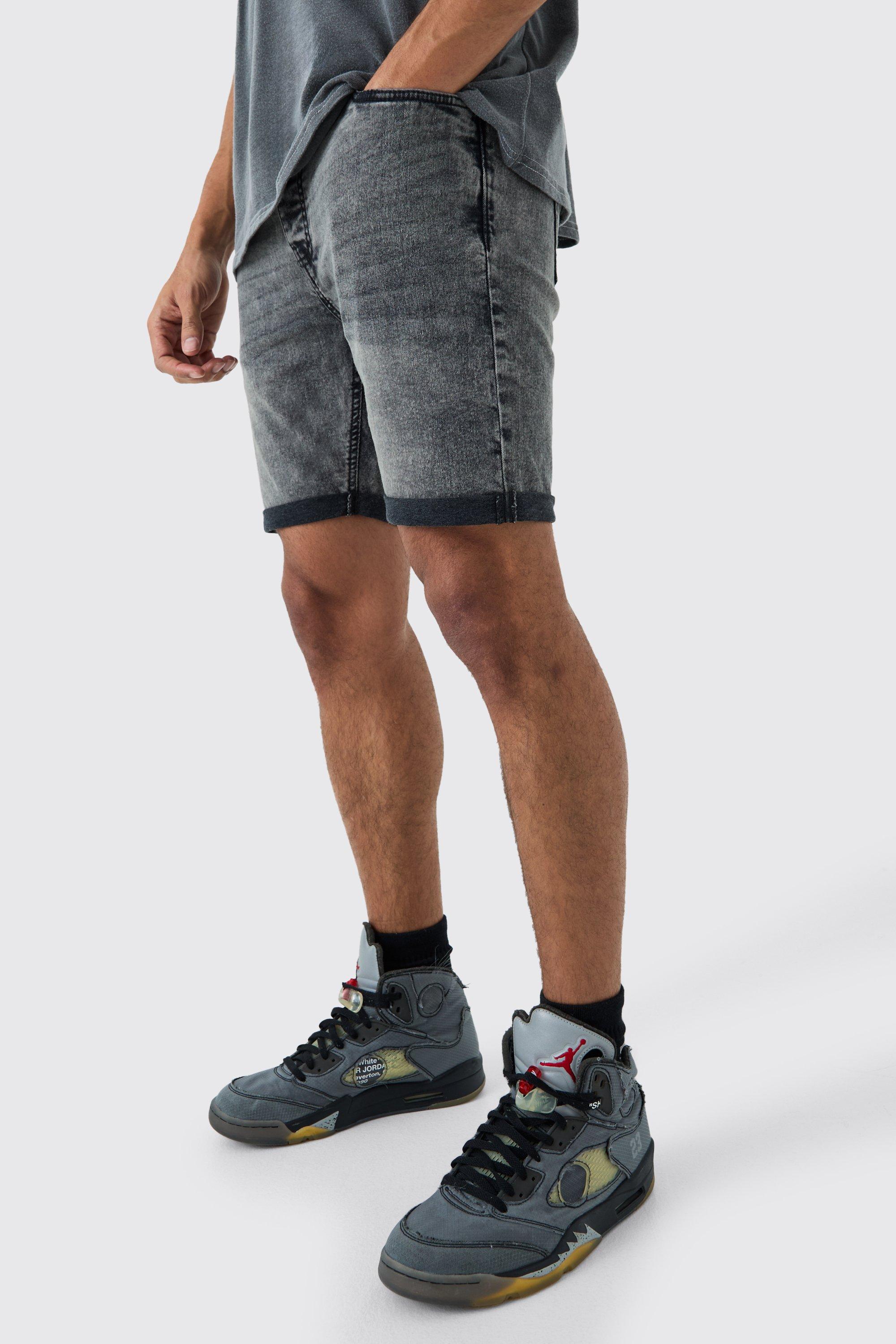 Mens Grey Skinny Stretch Denim Shorts In Charcoal, Grey