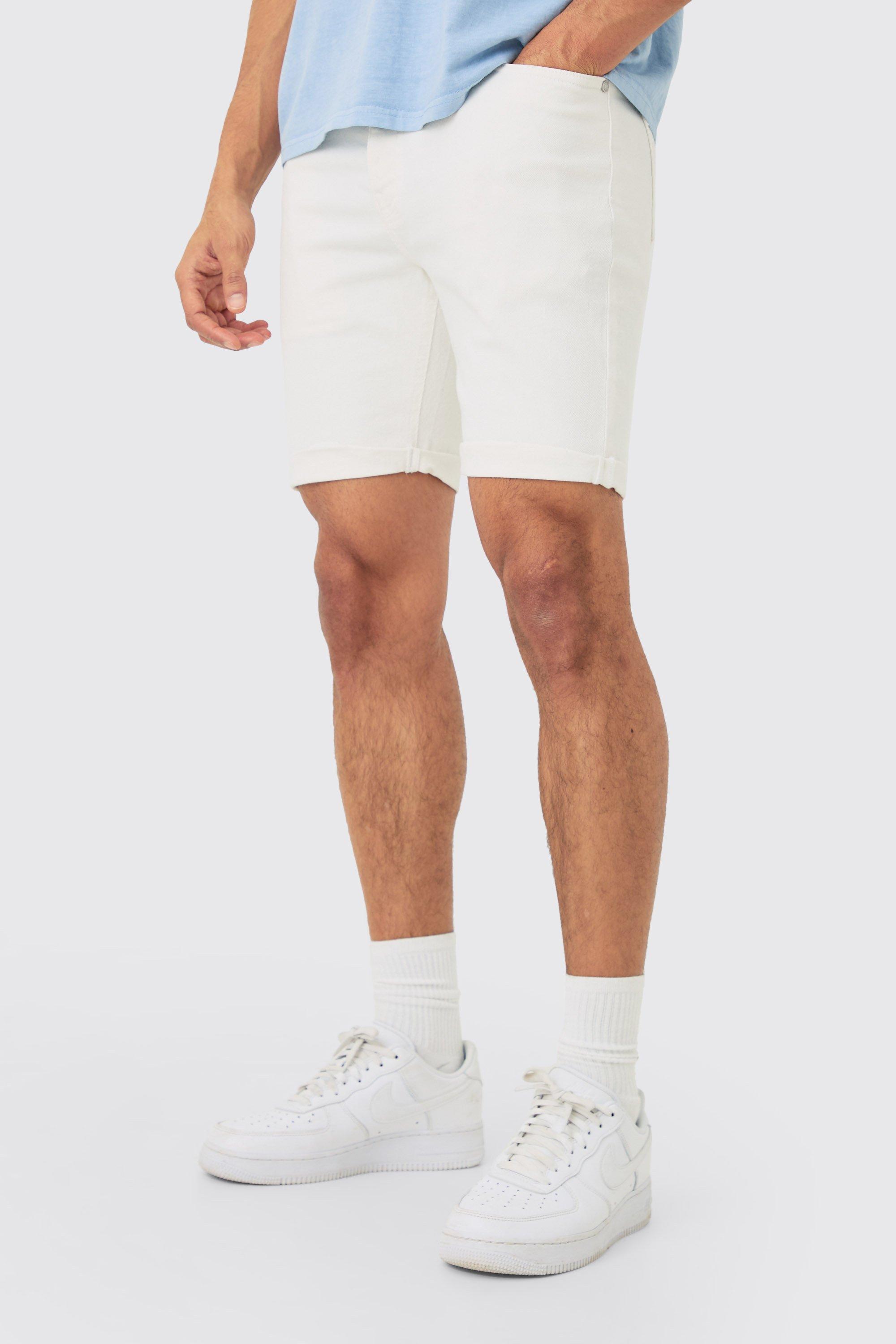 Mens Skinny Stretch Denim Shorts In White, White