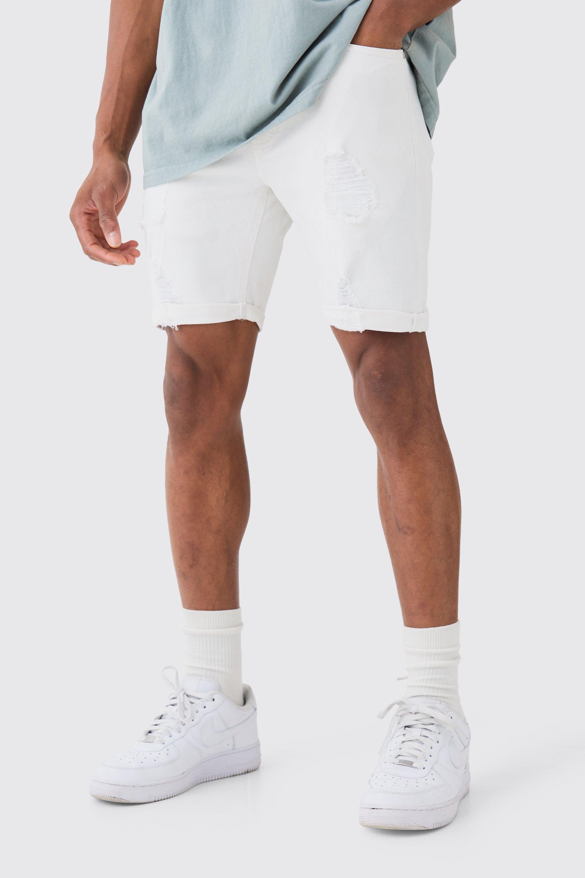 Image of Pantaloncini bianchi in denim Stretch Skinny Fit effetto smagliato, Bianco